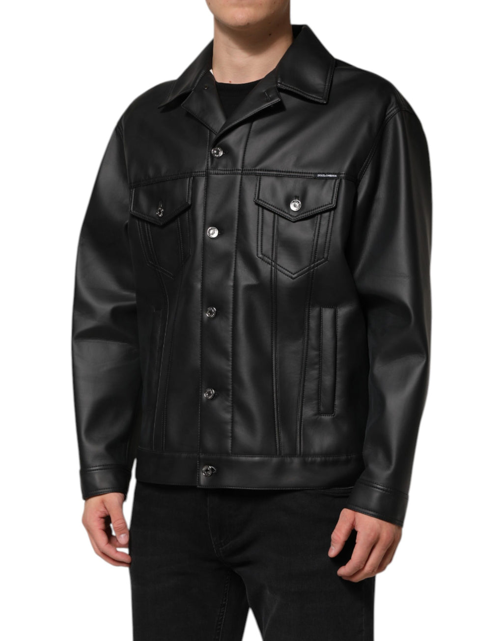 Black Polyester Button Down Biker Jacket