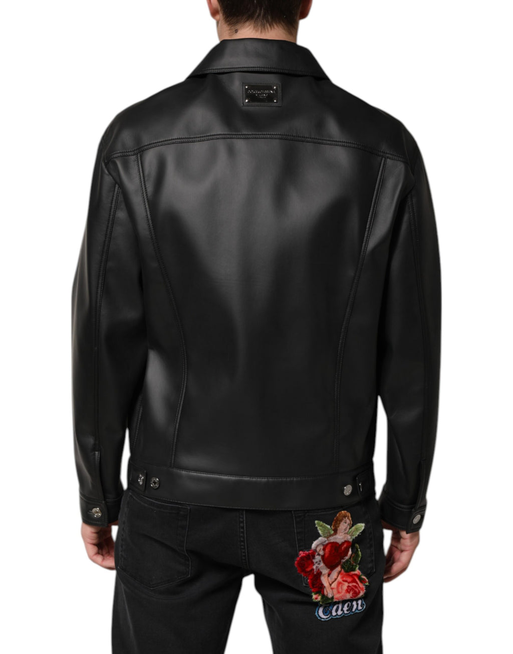 Black Polyester Button Down Biker Jacket