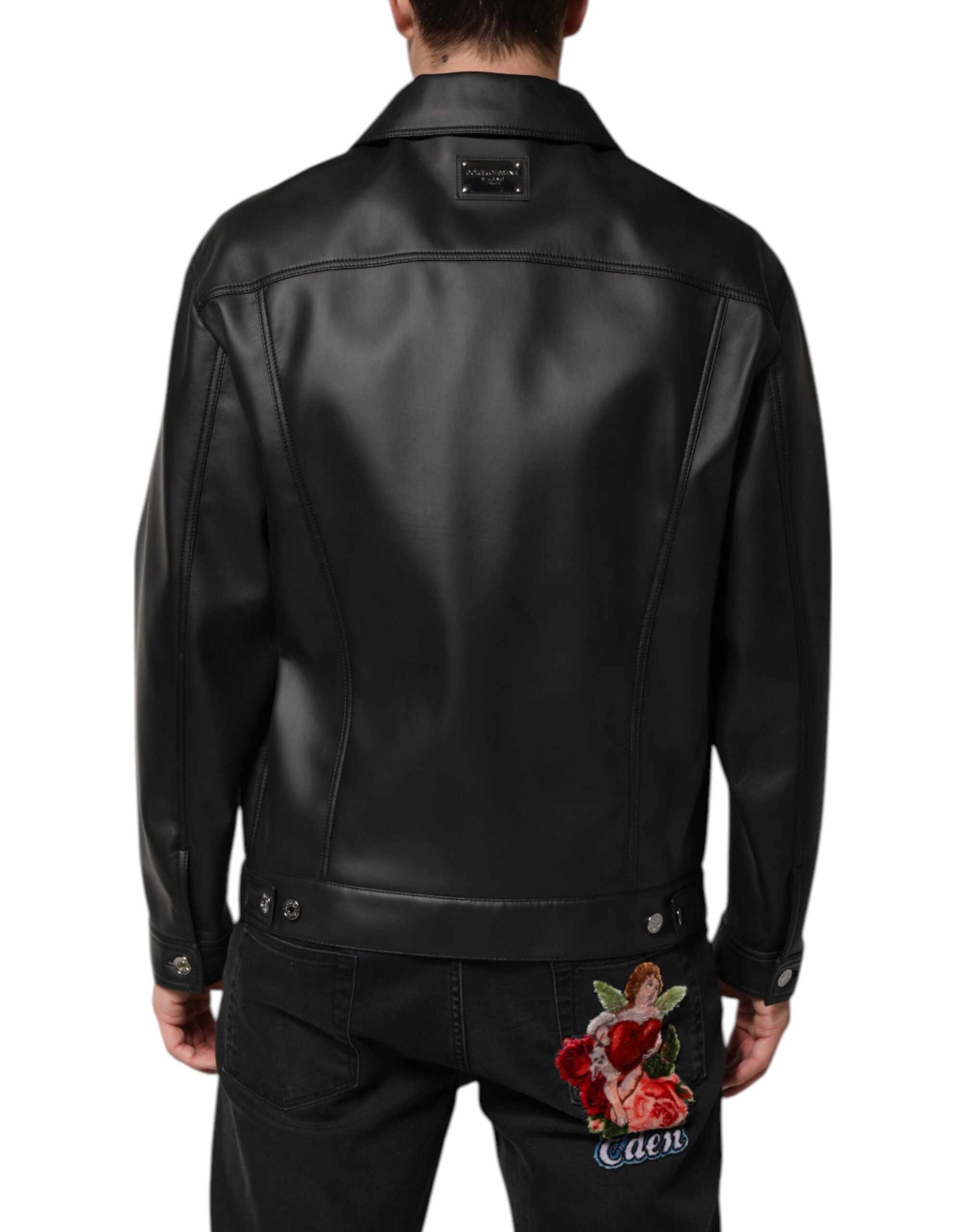 Black Polyester Button Down Biker Jacket
