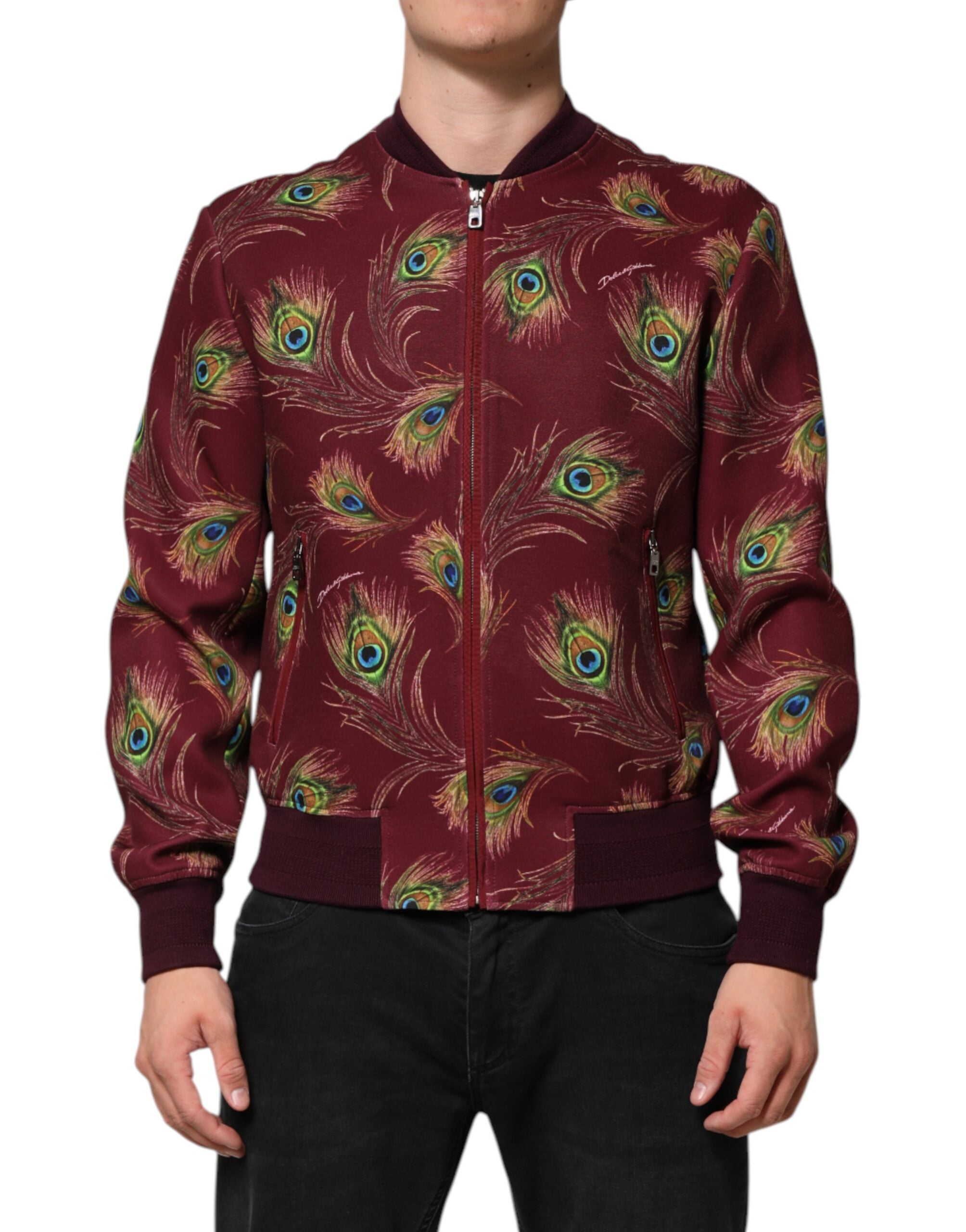 Maroon Peacock Feather Print Bomber Jacket