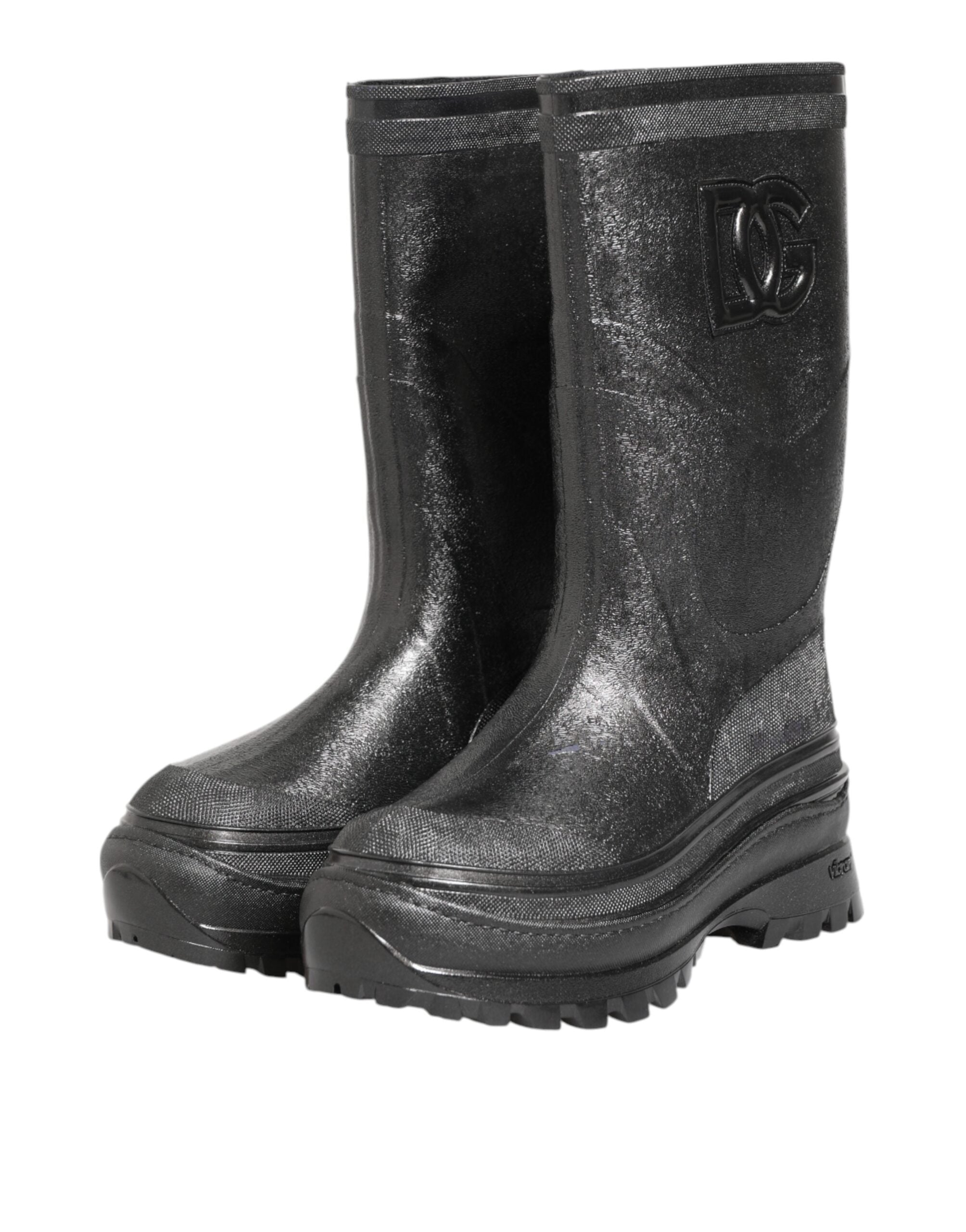 Metallic Black Pull On Rain Boots Shoes