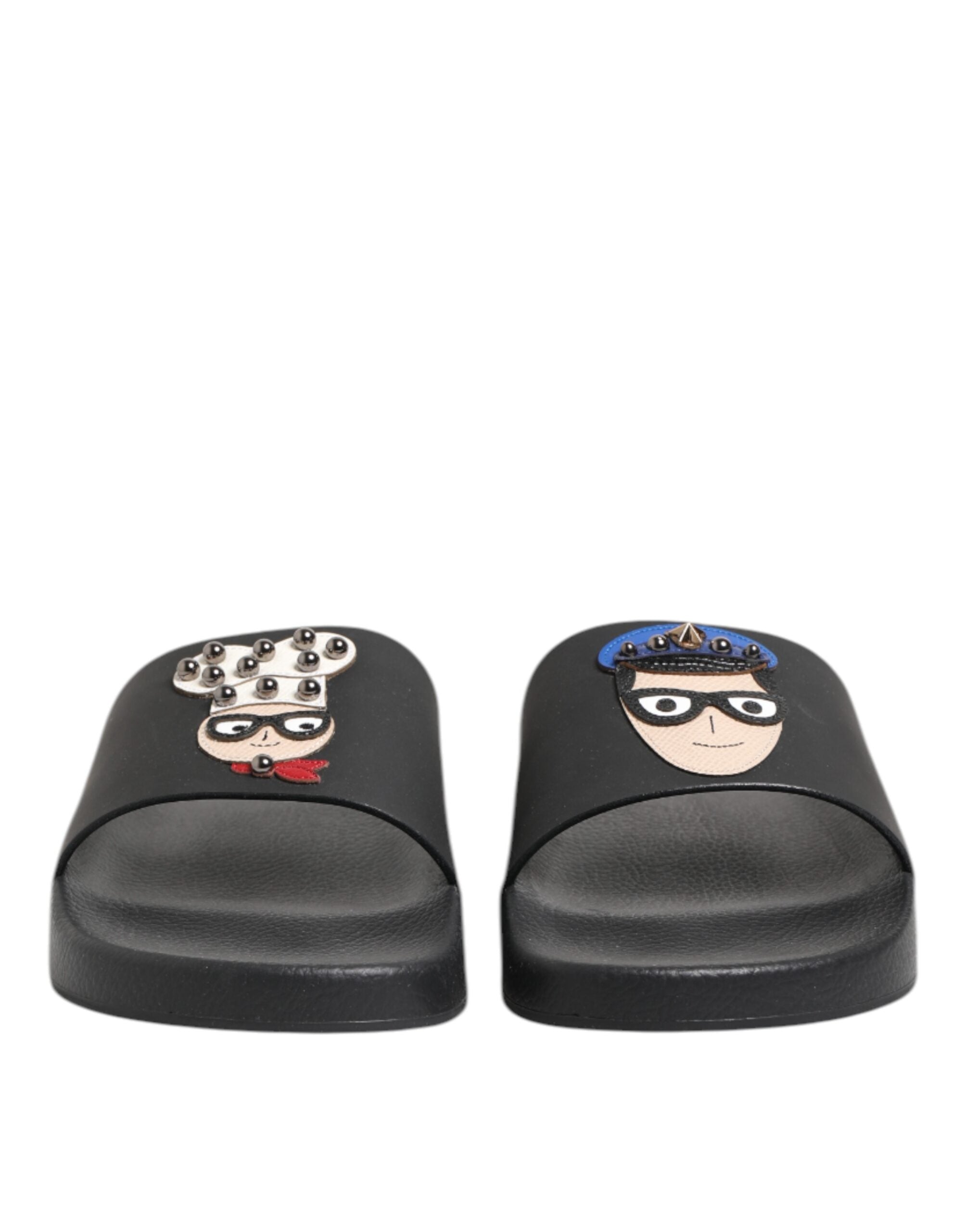 Black Leather Slides Flats Beachwear Shoes