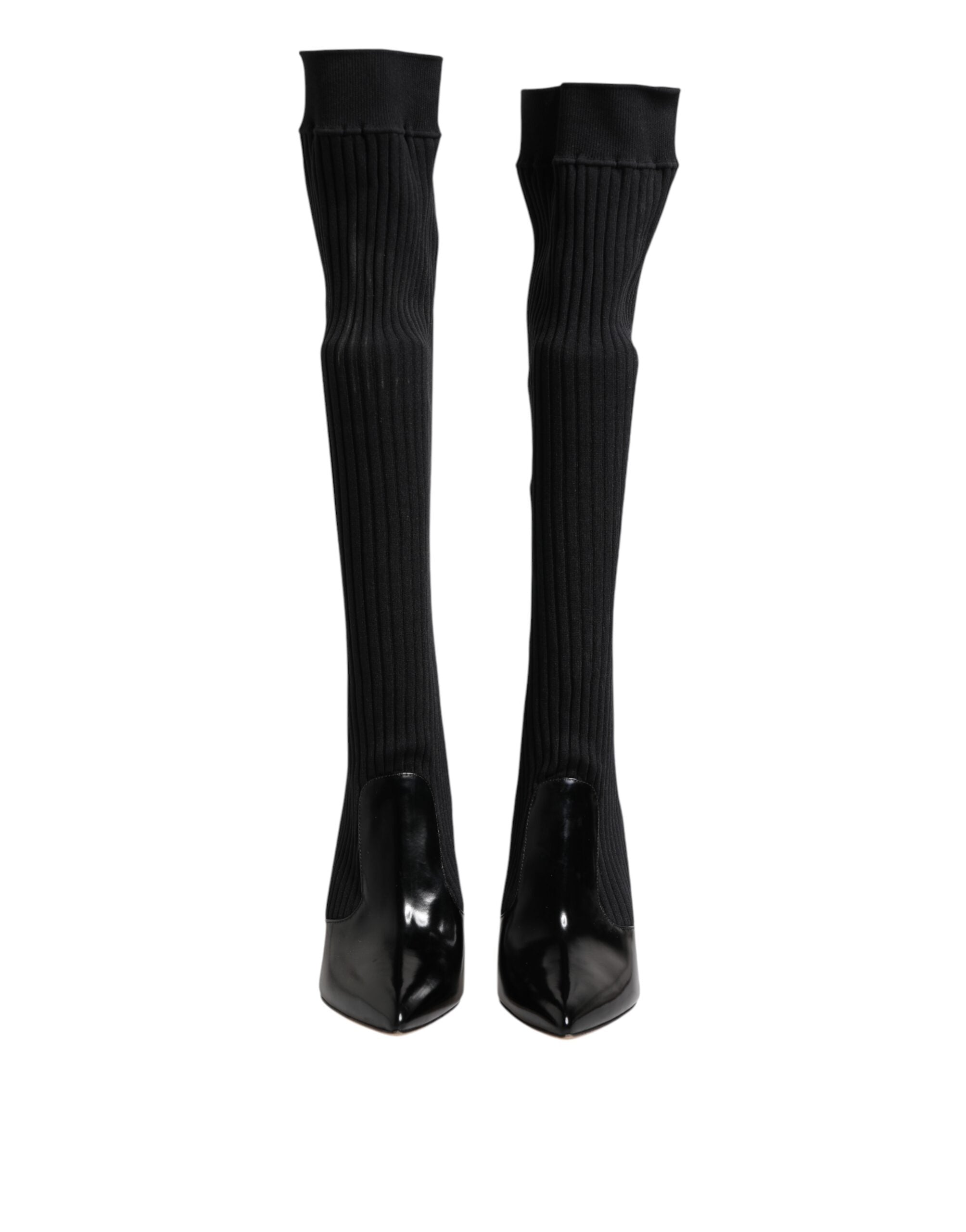 Black Leather Ribbed Knit Knee Boots Shoes