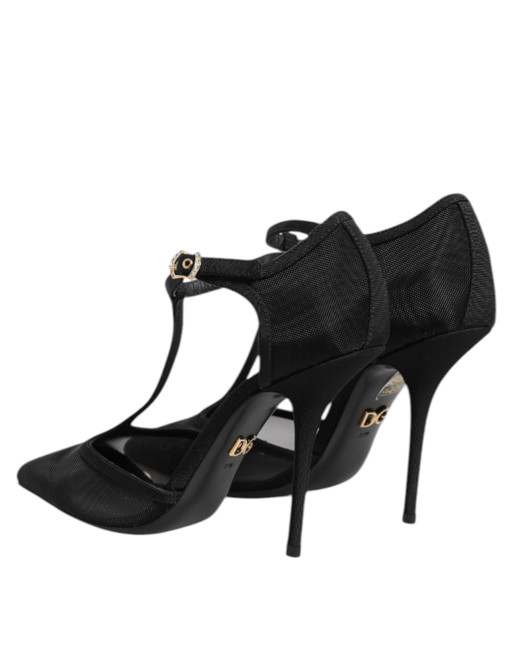 Black Mesh T-strap Stiletto High Heels Shoes