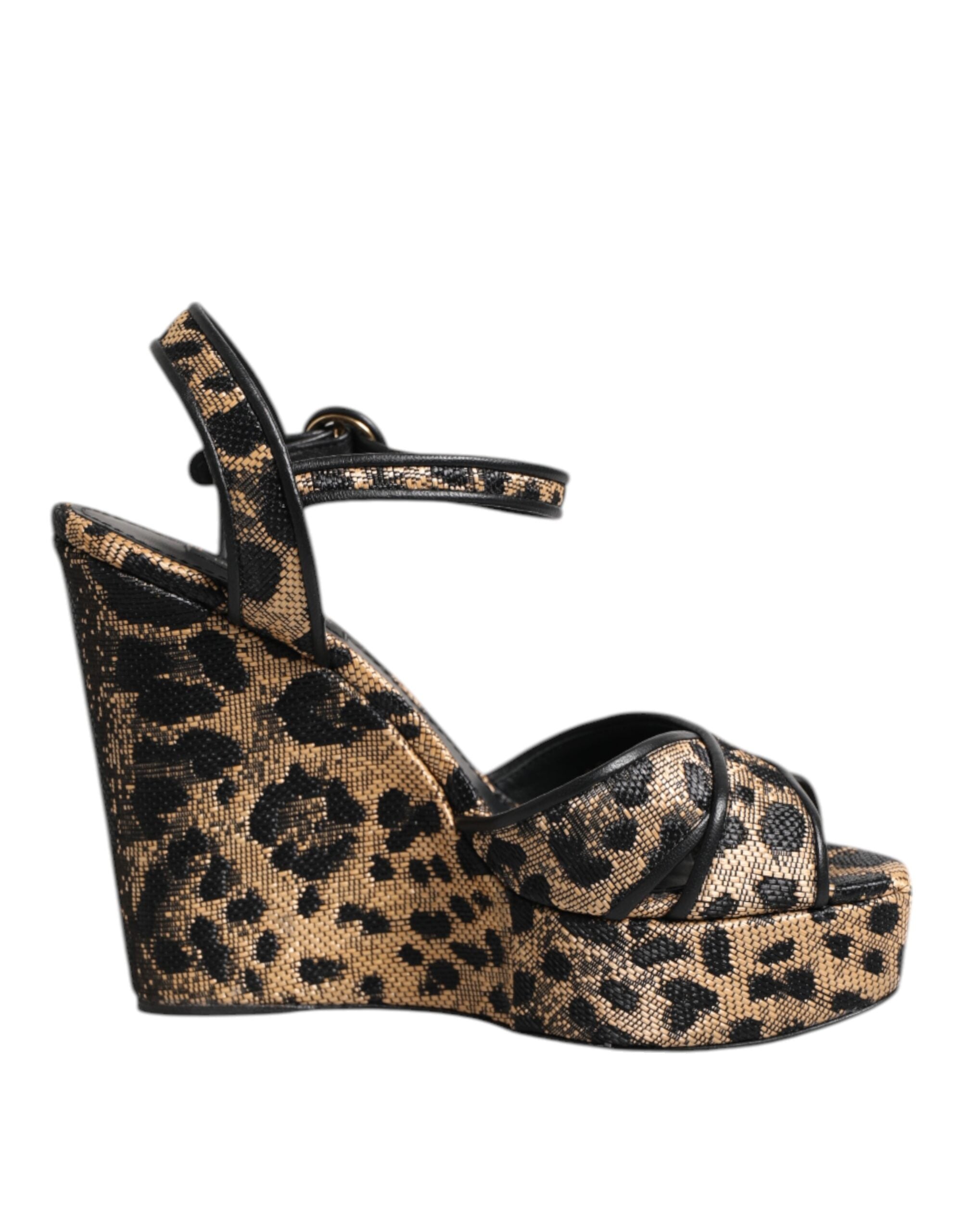 Brown Leopard Wedges Ankle Strap Sandals Shoes