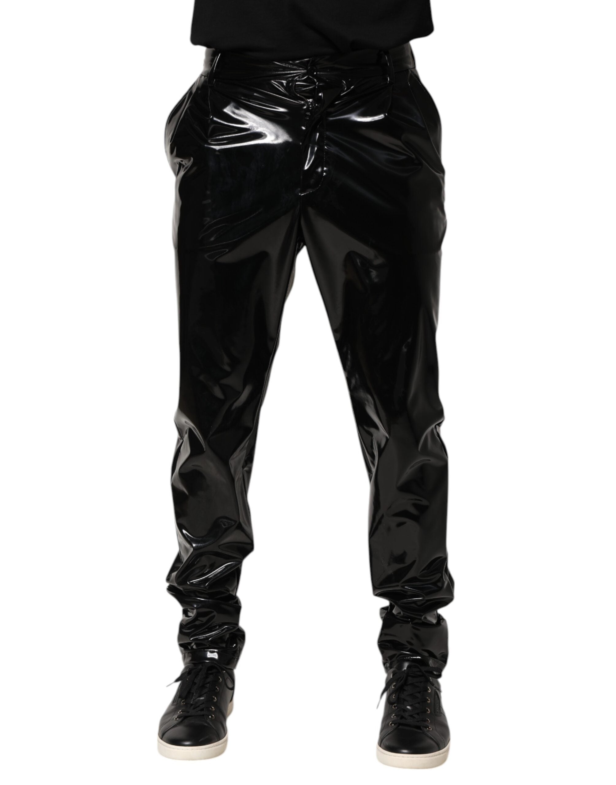 Black Polyester Mid Waist Men Trouser Pants