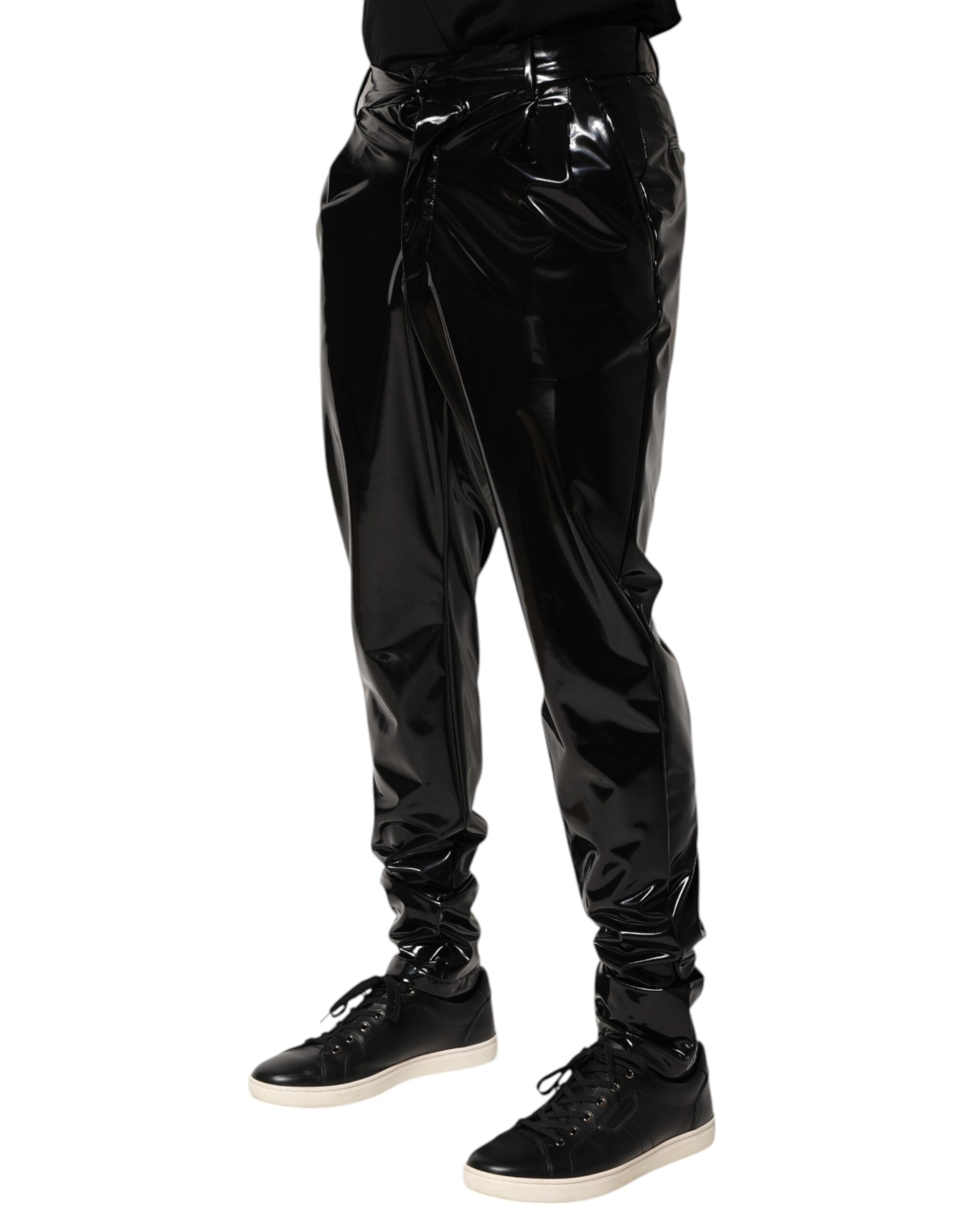 Black Polyester Mid Waist Men Trouser Pants