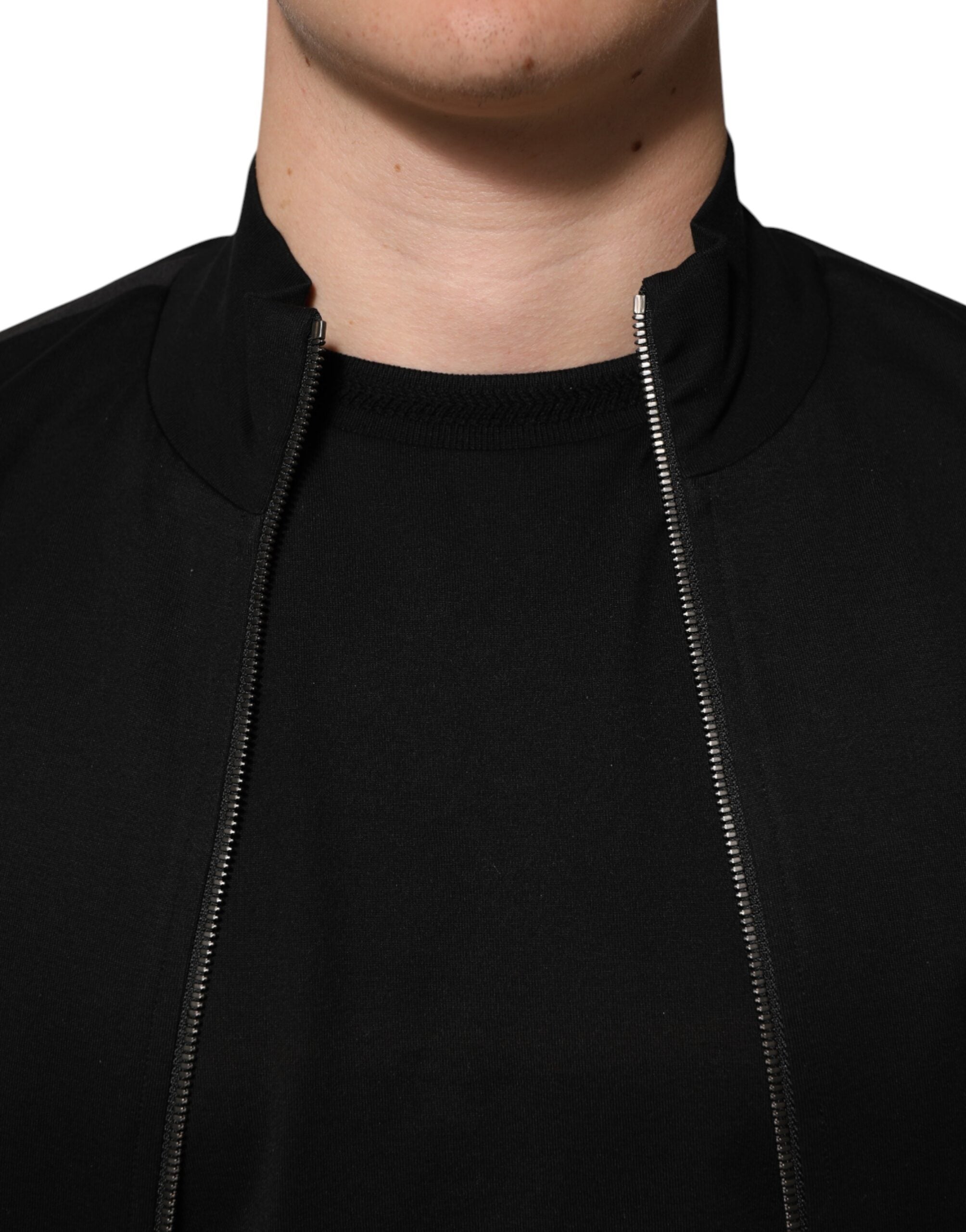 Black Cotton Logo Full Zip Men Bomber Jacket