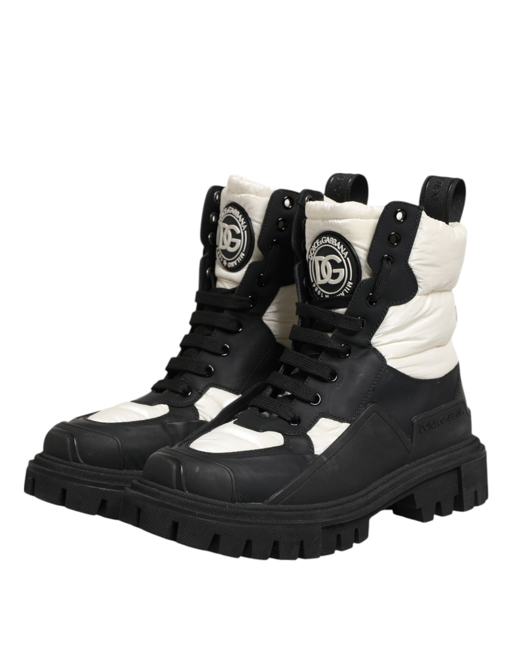 Black White Padded Mid Calf Lace Up Boots Shoes