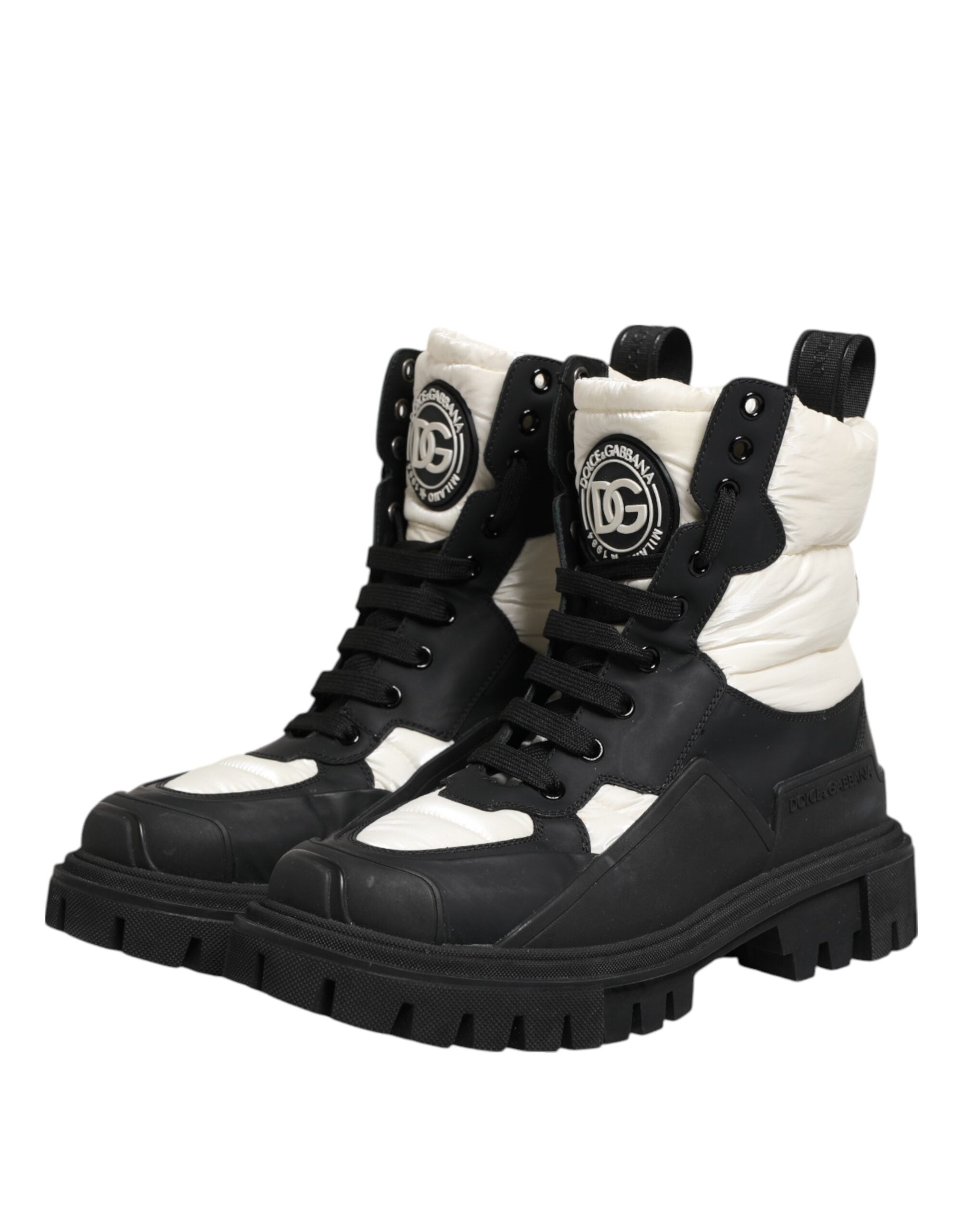 Black White Padded Mid Calf Lace Up Boots Shoes