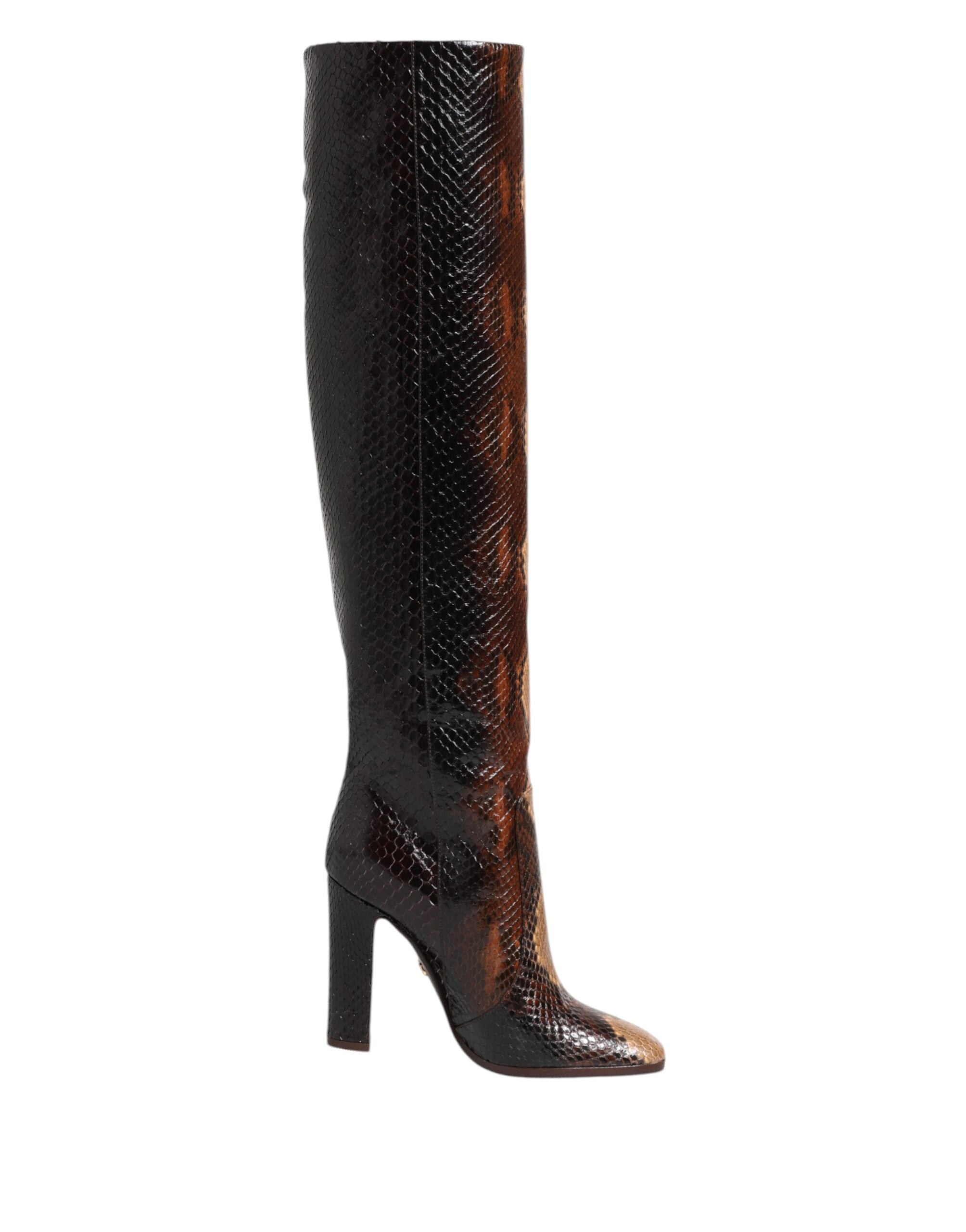Brown Python Snakeskin Print Riding Boots Shoes