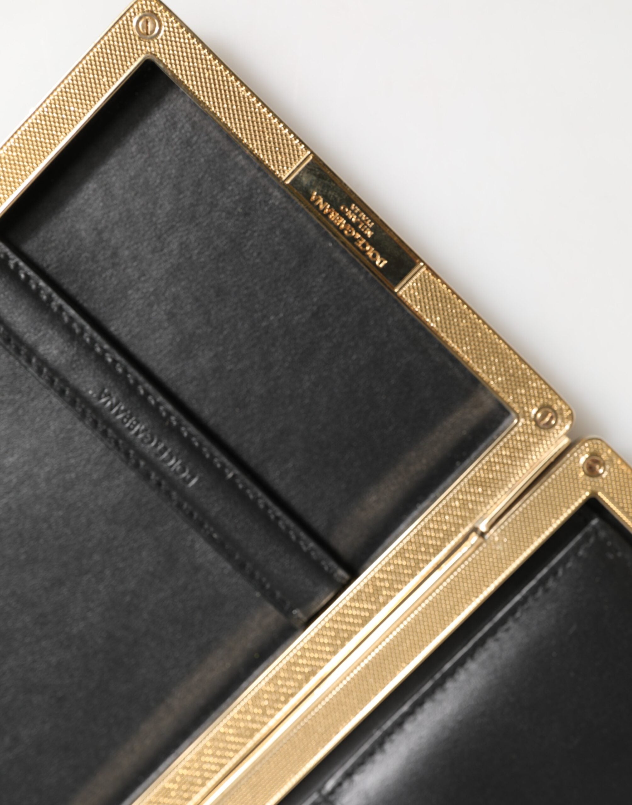 Black Leather Gold Frame Clutch Evening Party Purse Bag