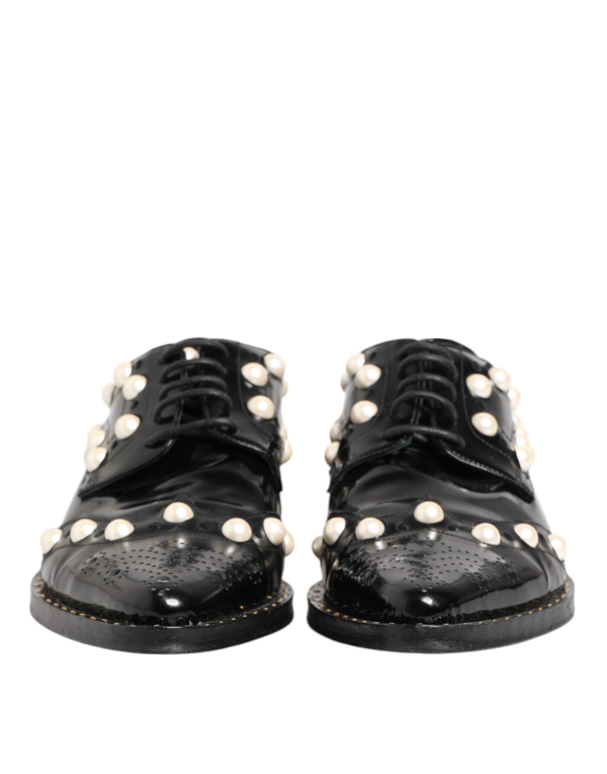 Black Leather Faux Pearl Dress Broque Shoes