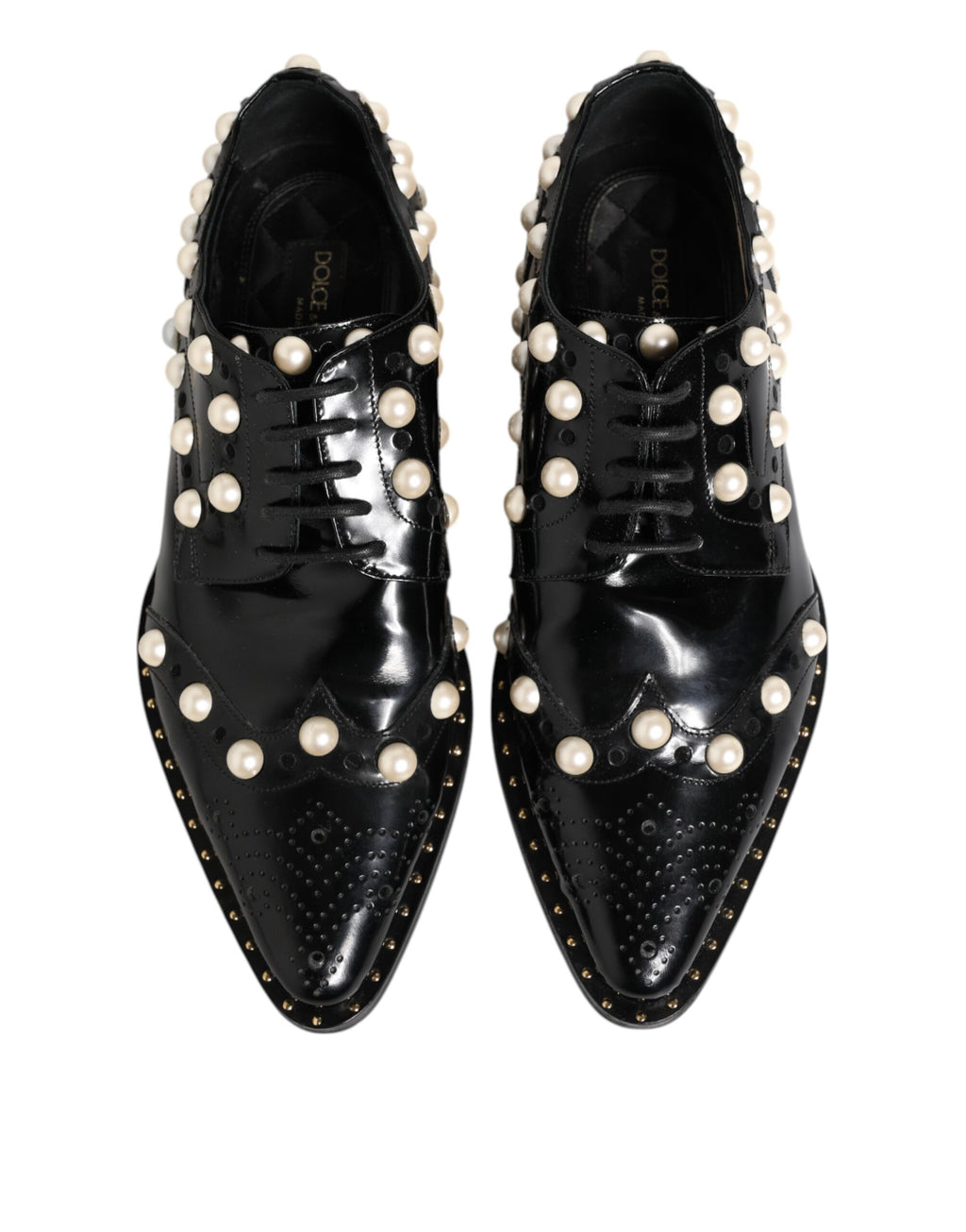 Black Leather Faux Pearl Dress Broque Shoes