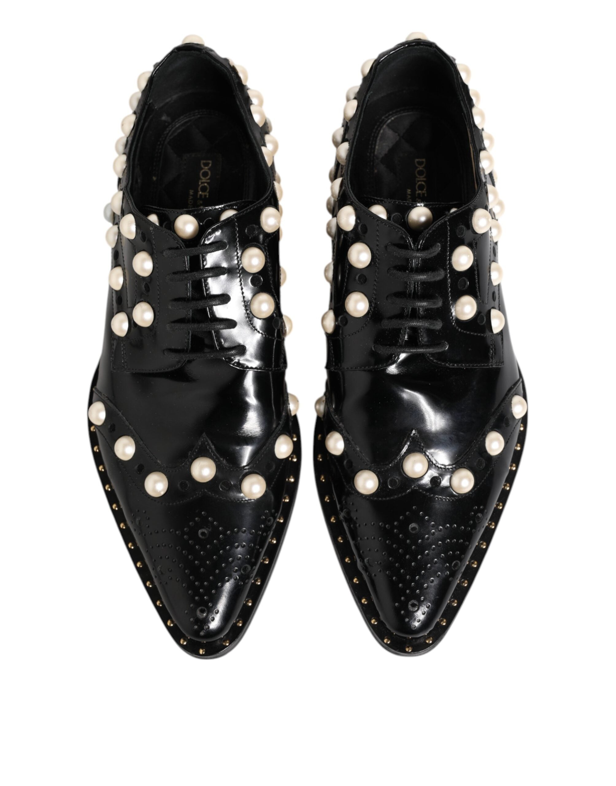 Black Leather Faux Pearl Dress Broque Shoes