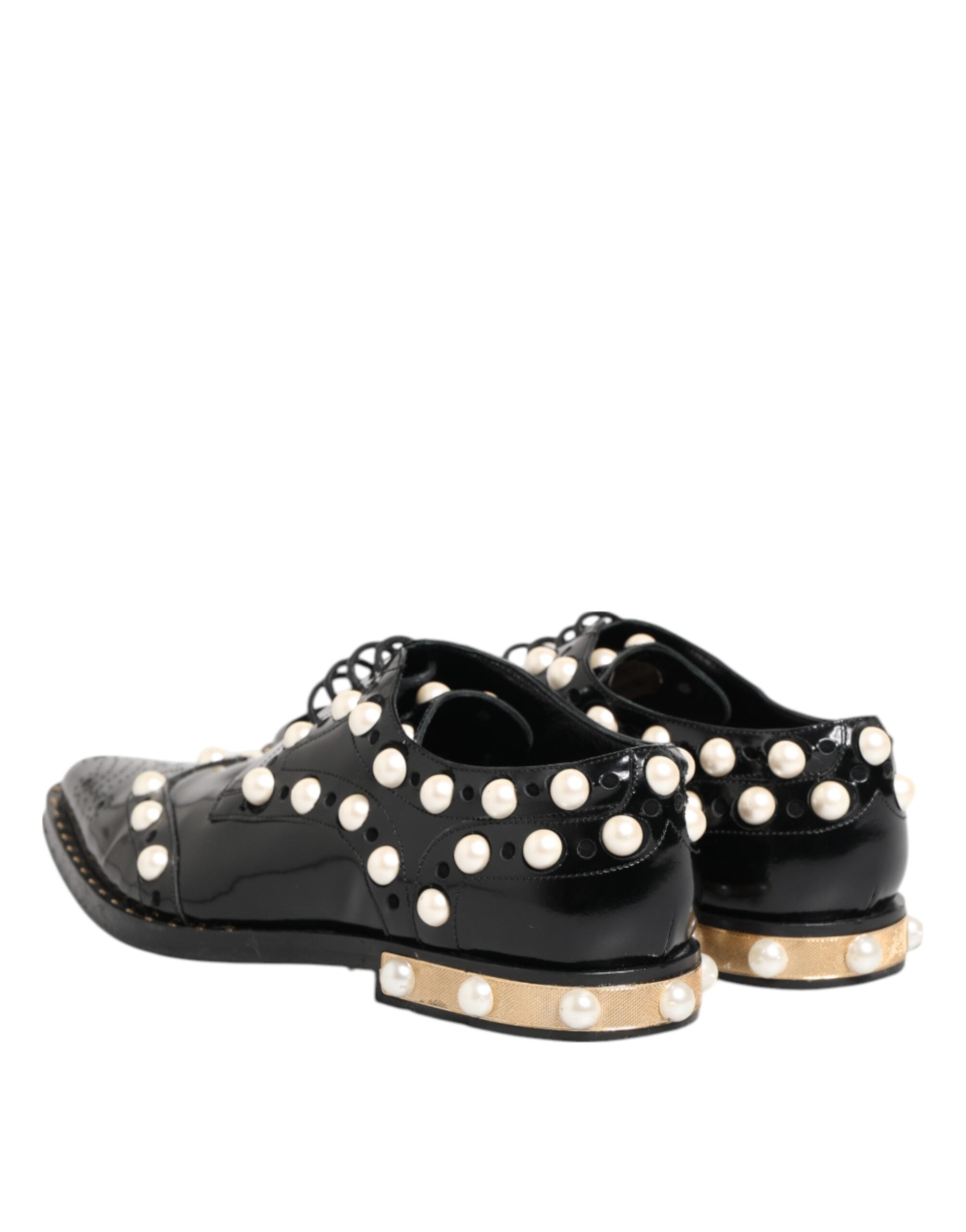 Black Leather Faux Pearl Dress Broque Shoes