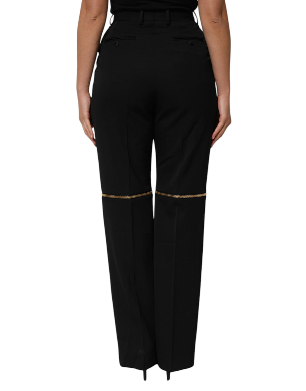 Black Zip Detailed Wool Straight Leg Pants