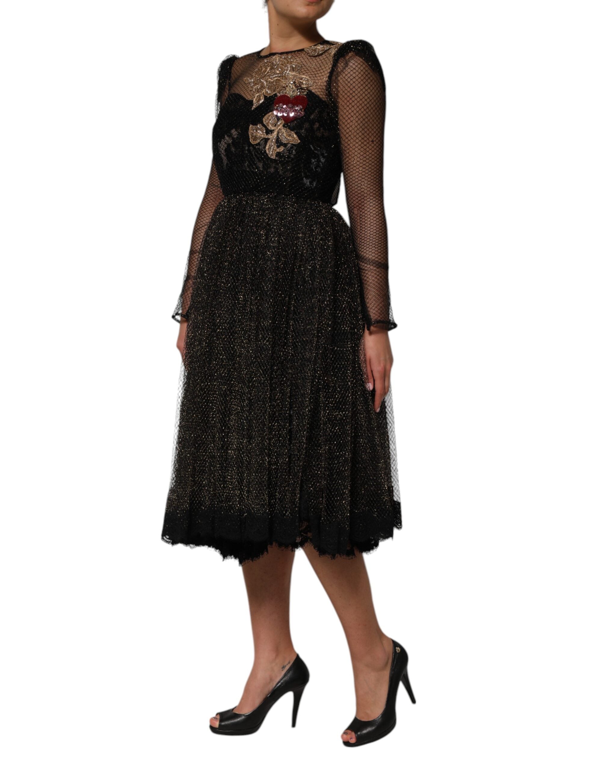 Black Crystal Heart Embellished A-line Dress