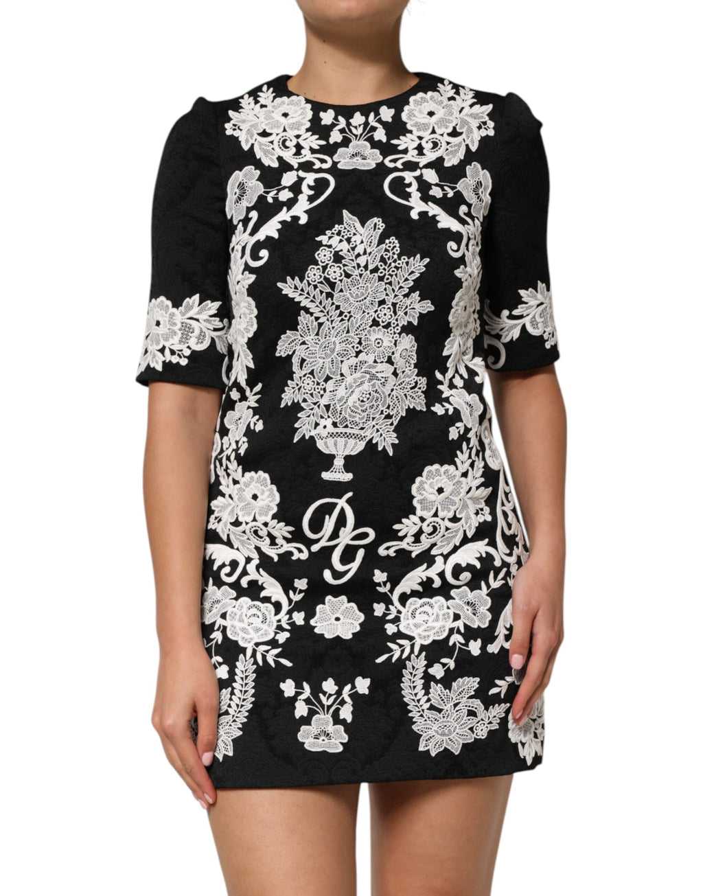 Black Lace Trim Short Sleeves A-line Dress