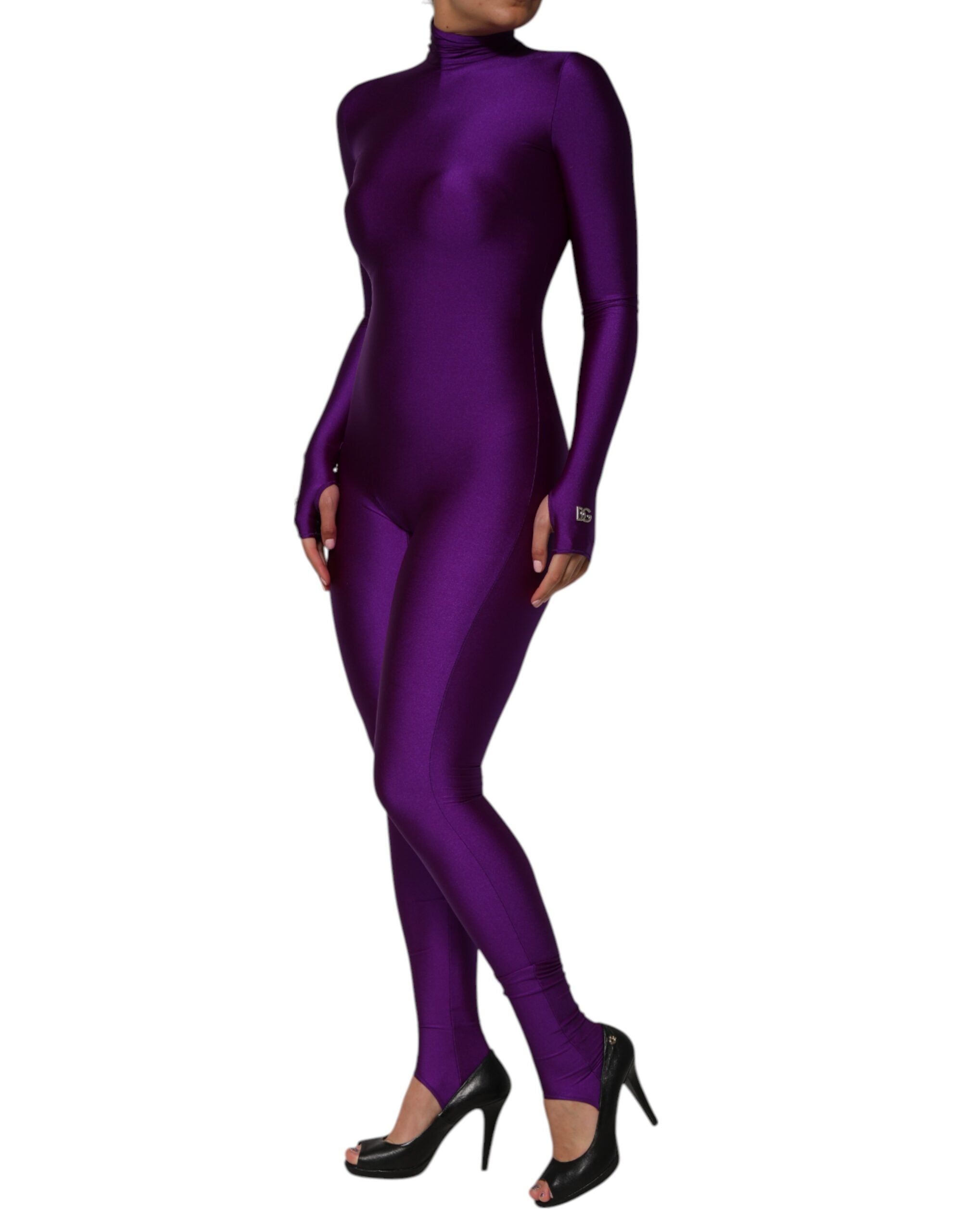 Purple Nylon Turtleneck Bodycon Jumpsuit Dress