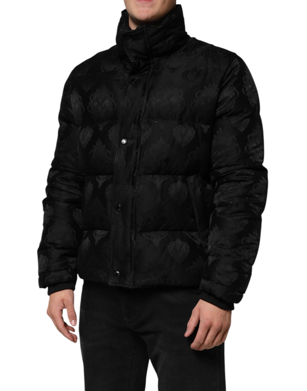 Black Jacquard Quilted Puffer Bomber Jacket