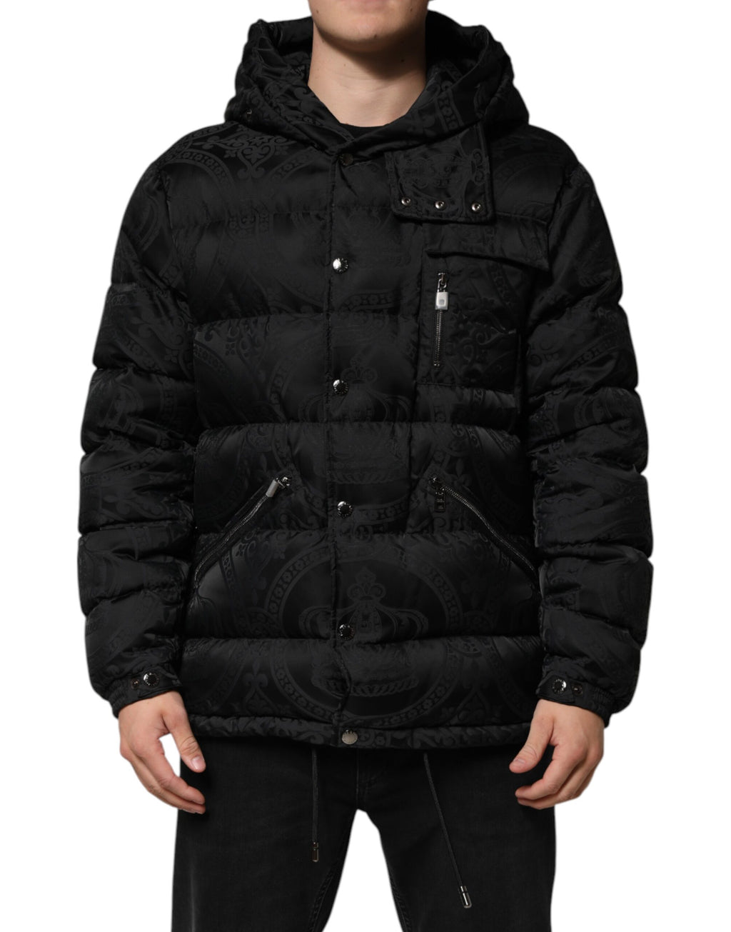 Black Jacquard Quilted Puffer Hooded Jacket
