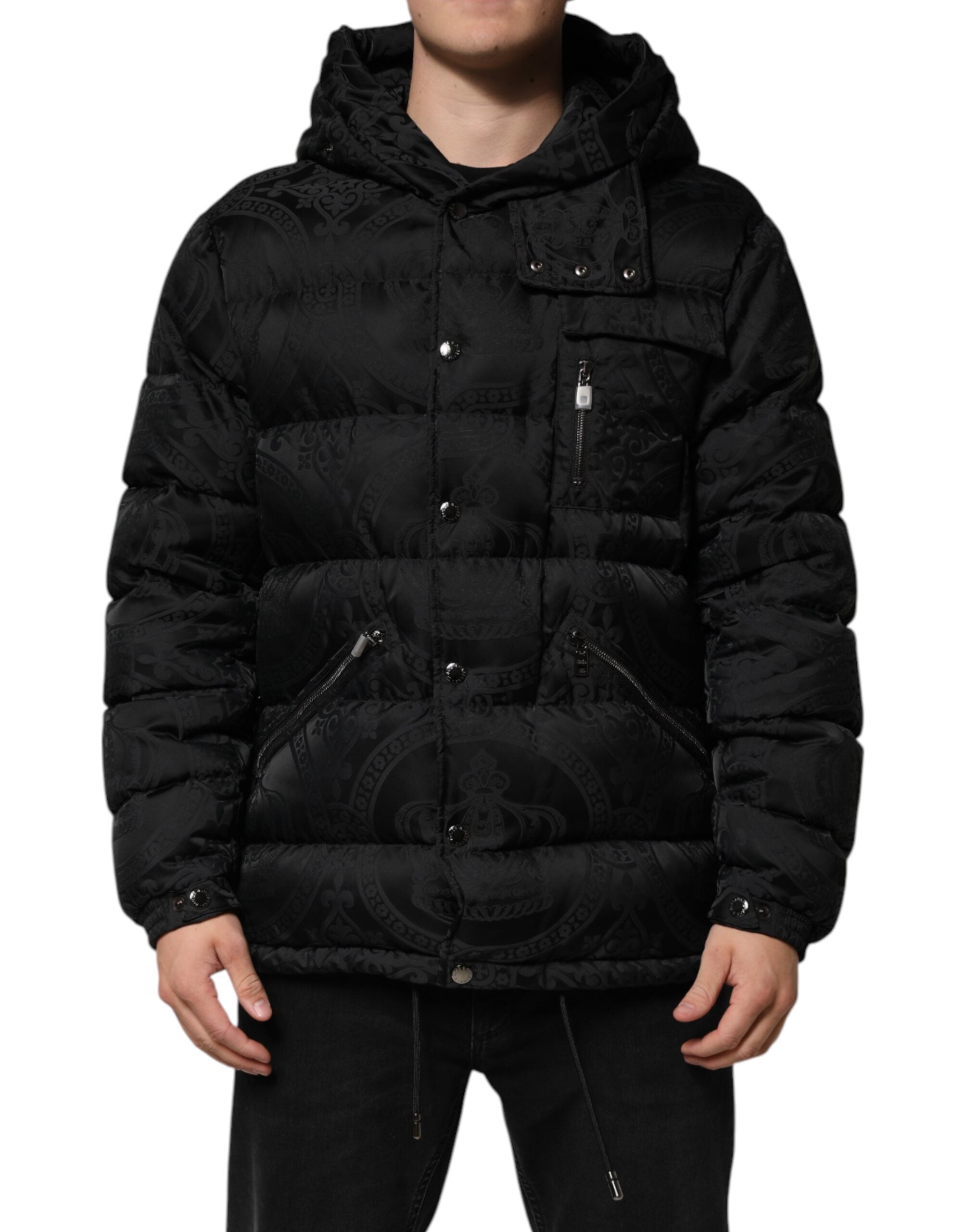 Black Jacquard Quilted Puffer Hooded Jacket