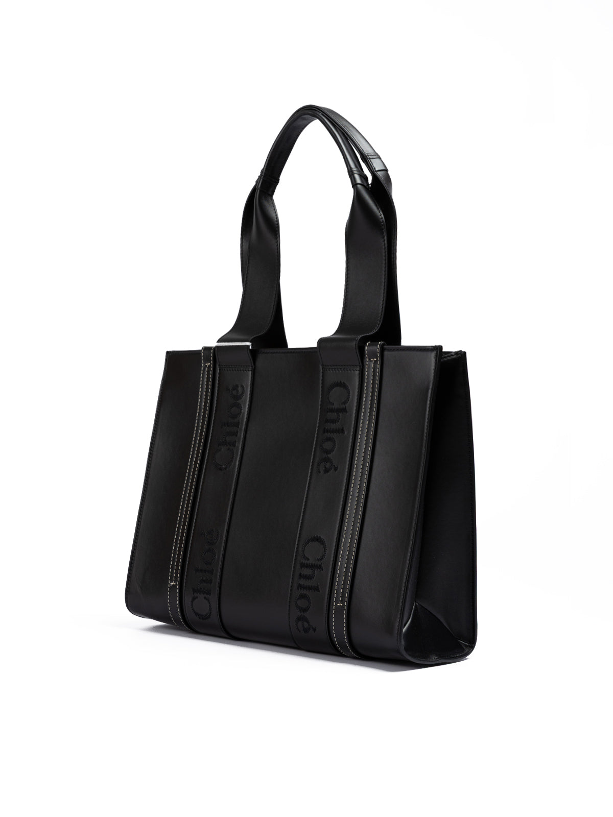 Chloé Black Woody Embroidered Logo Leather Medium Tote Bag
