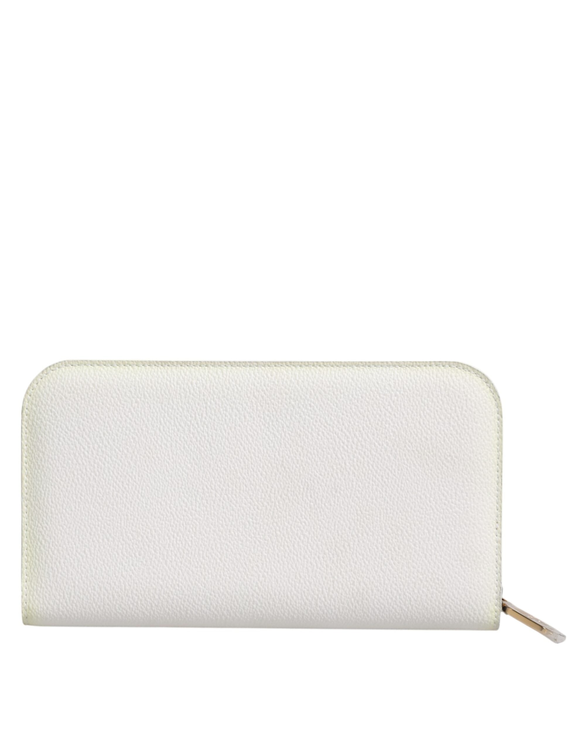 Dolce & Gabbana White Leather Logo Plaque Zip Around Continental Wallet