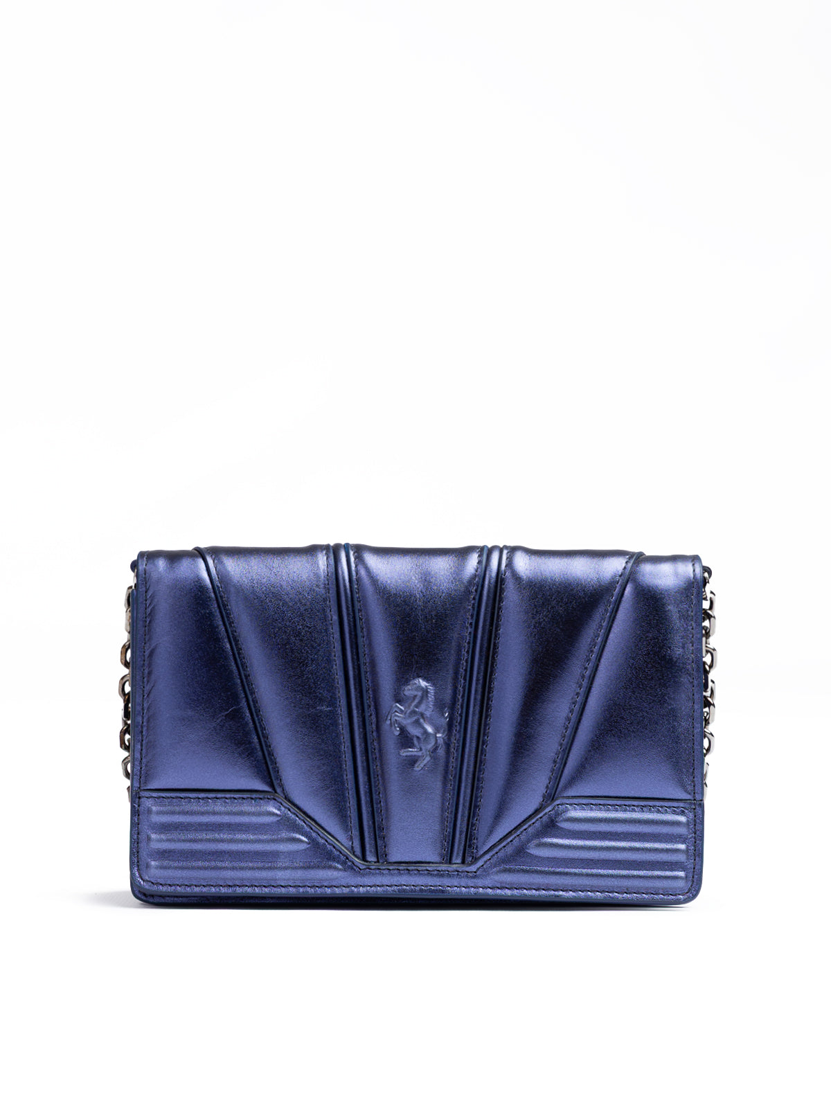 Metal blue GT patent leather bag with chain