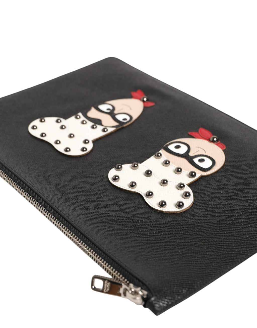 Black Leather #DGFAMILY Embellished Men Clutch Pouch Bag