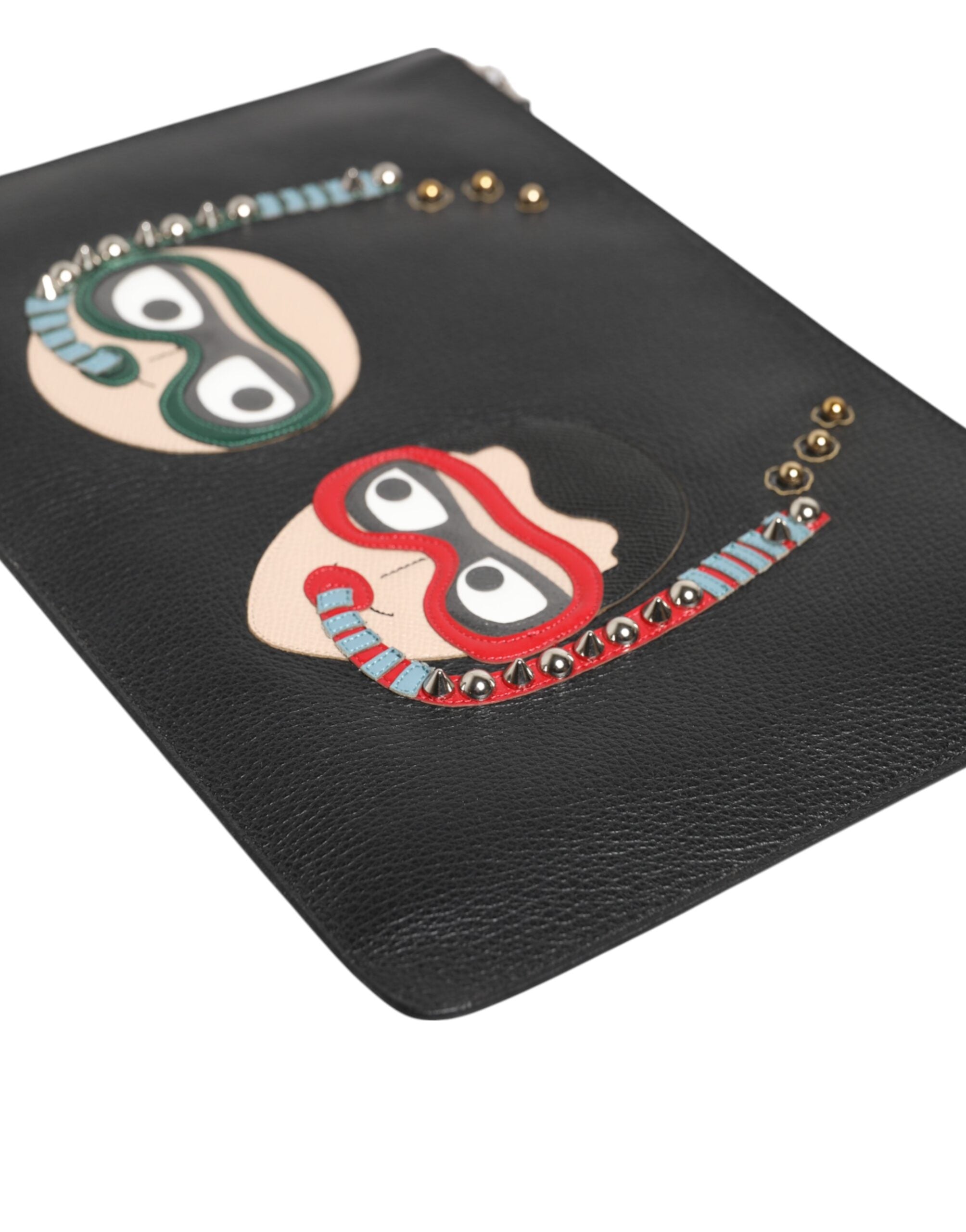 Black Leather #DGFAMILY Embellished Men Clutch Pouch Bag