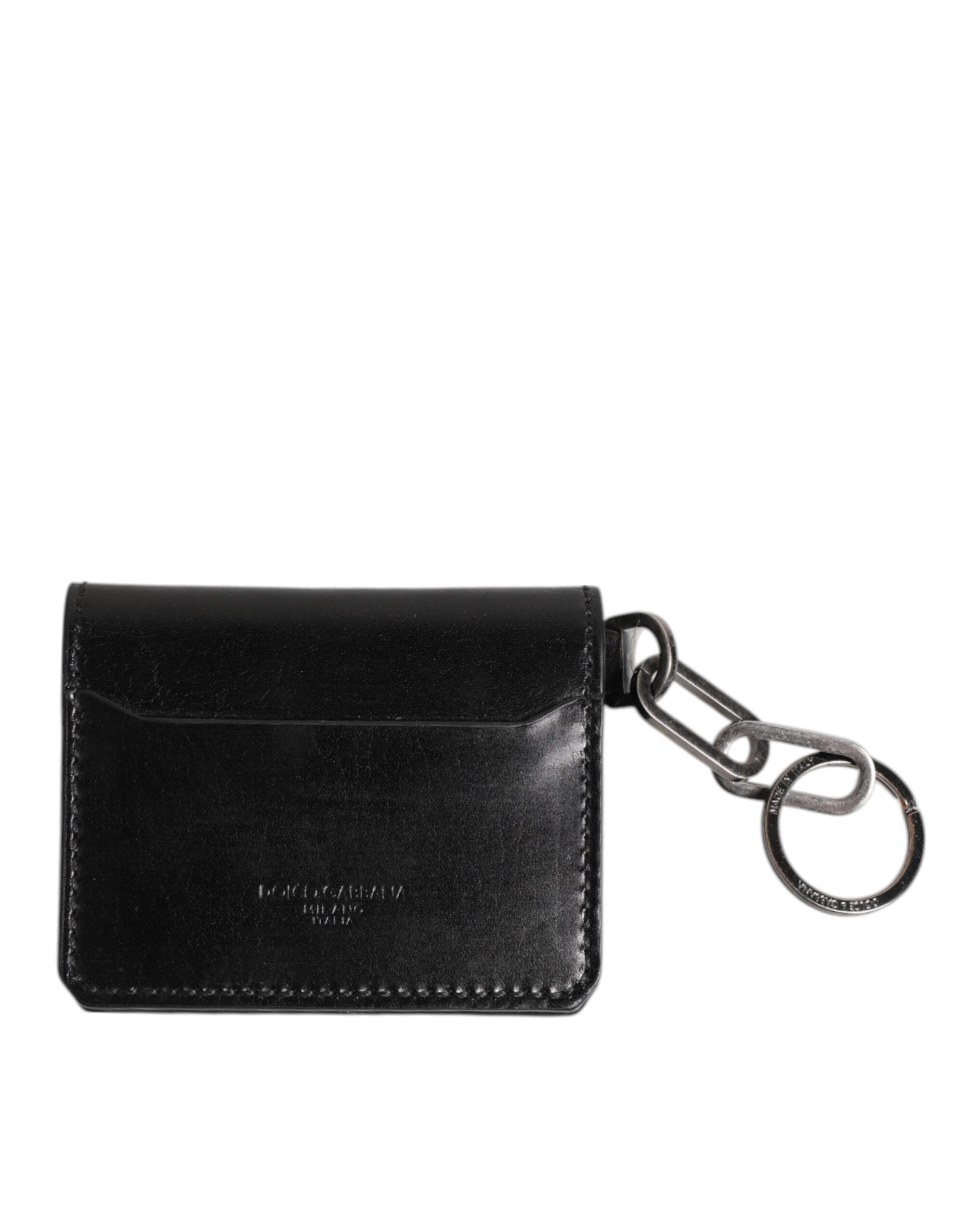 Black Leather Logo Embossed Key Chain Card Holder Wallet