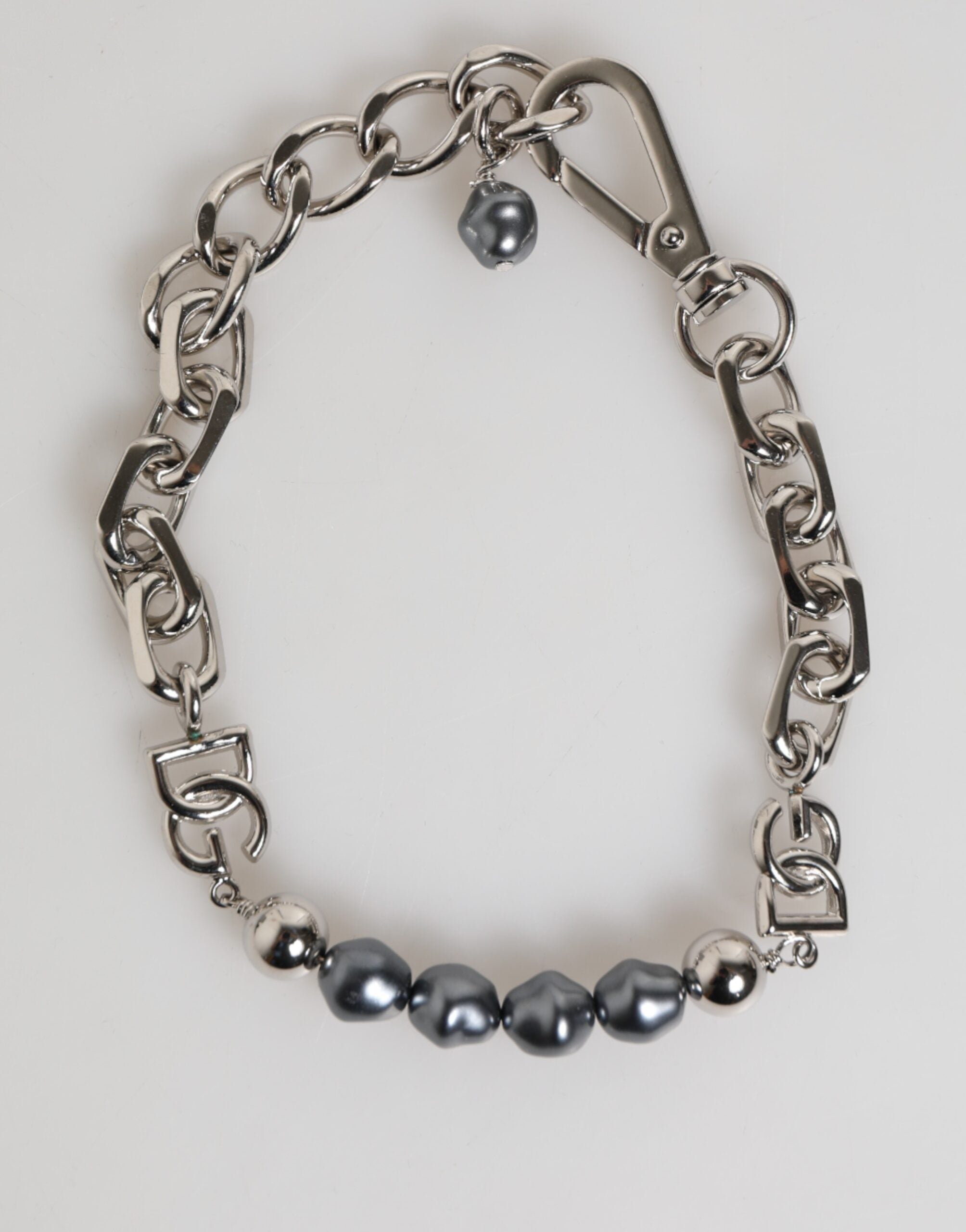 Dolce & Gabbana Silver Tone Chain Lobster Clasp Logo Gray Pearls Bracelet