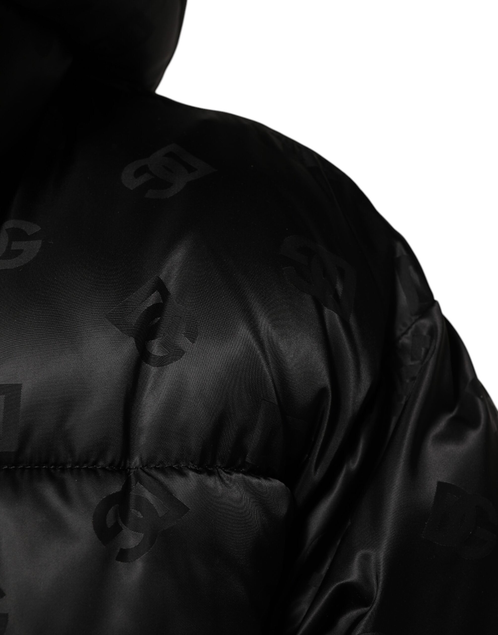 Black Monogram Logo Puffer Nylon Hooded Jacket