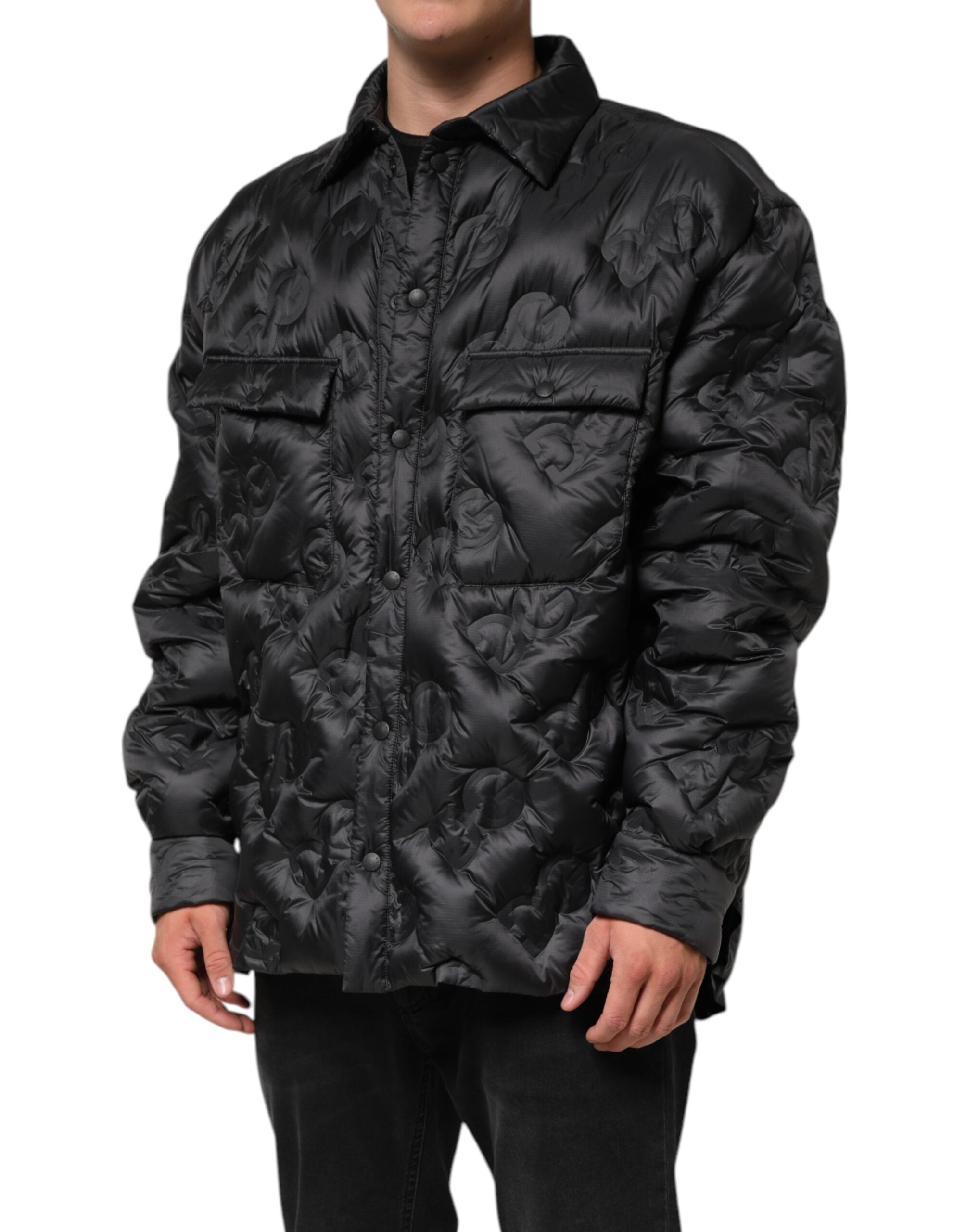 Black Quilted DG Logo Nylon Puffer Jacket
