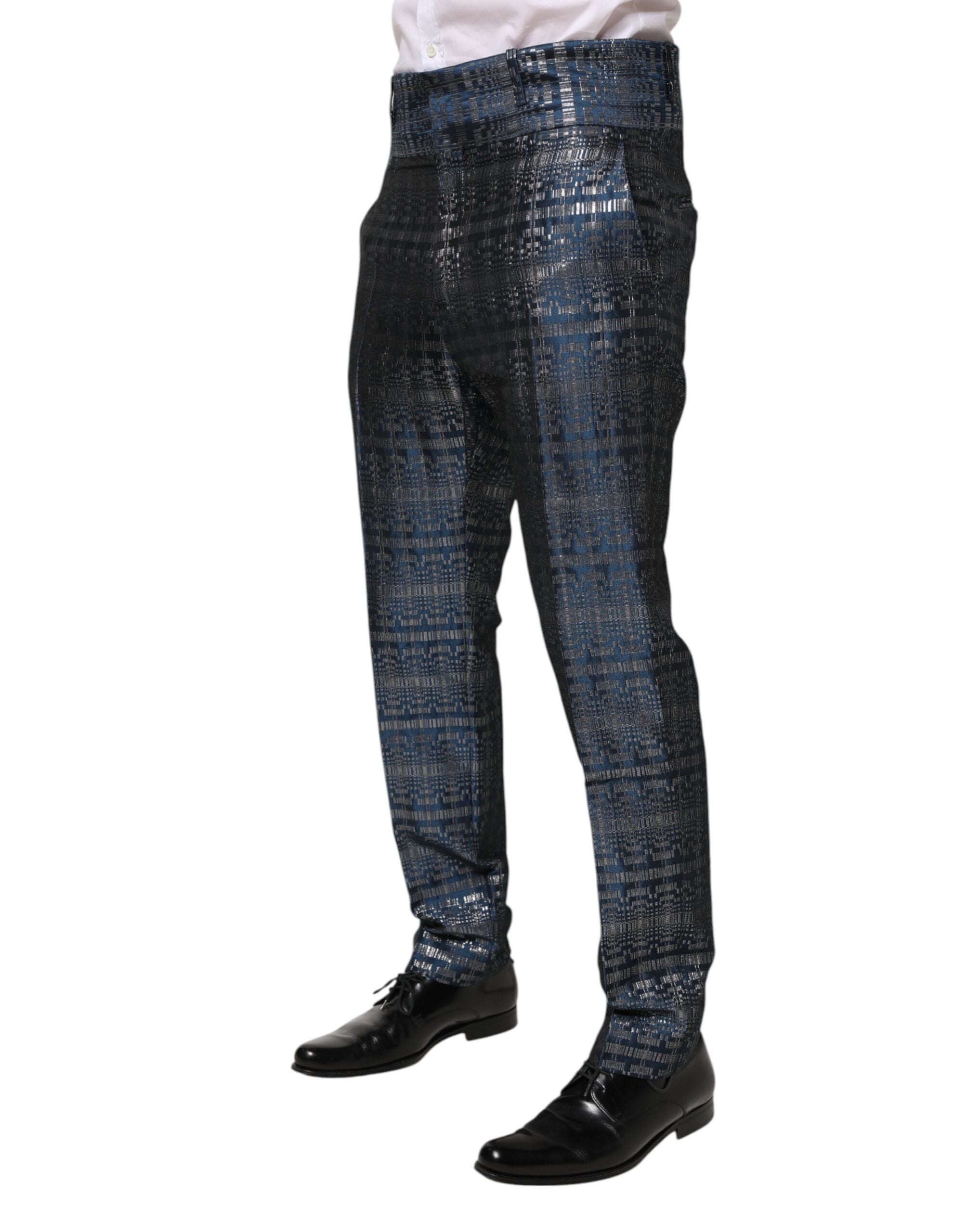 Blue Silver Shiny Silk Skinny Men Trouser Pants