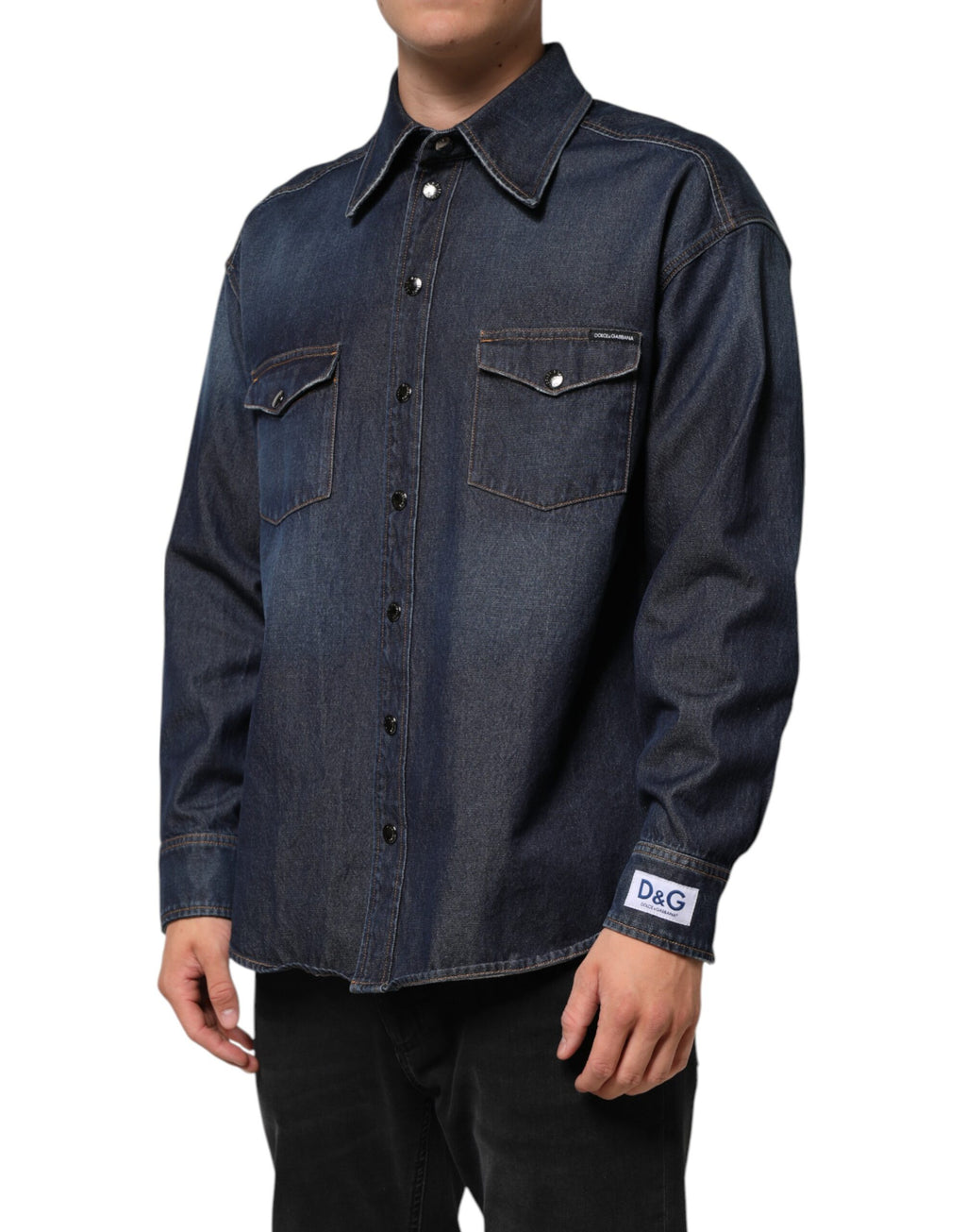 Blue Denim Button Casual Logo Patch Men Shirt