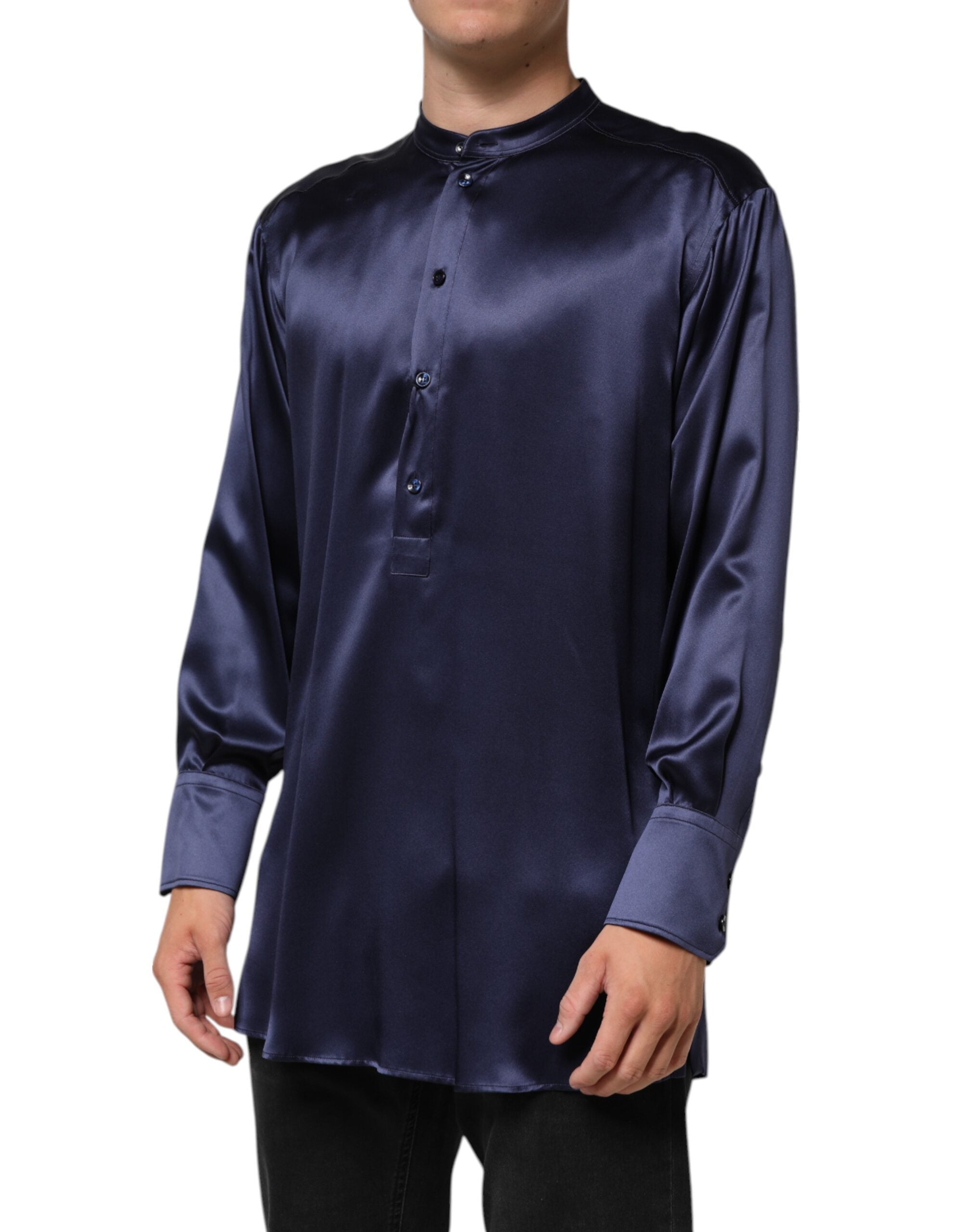 Navy Silk Long Sleeve Mandarin Collar Shirt