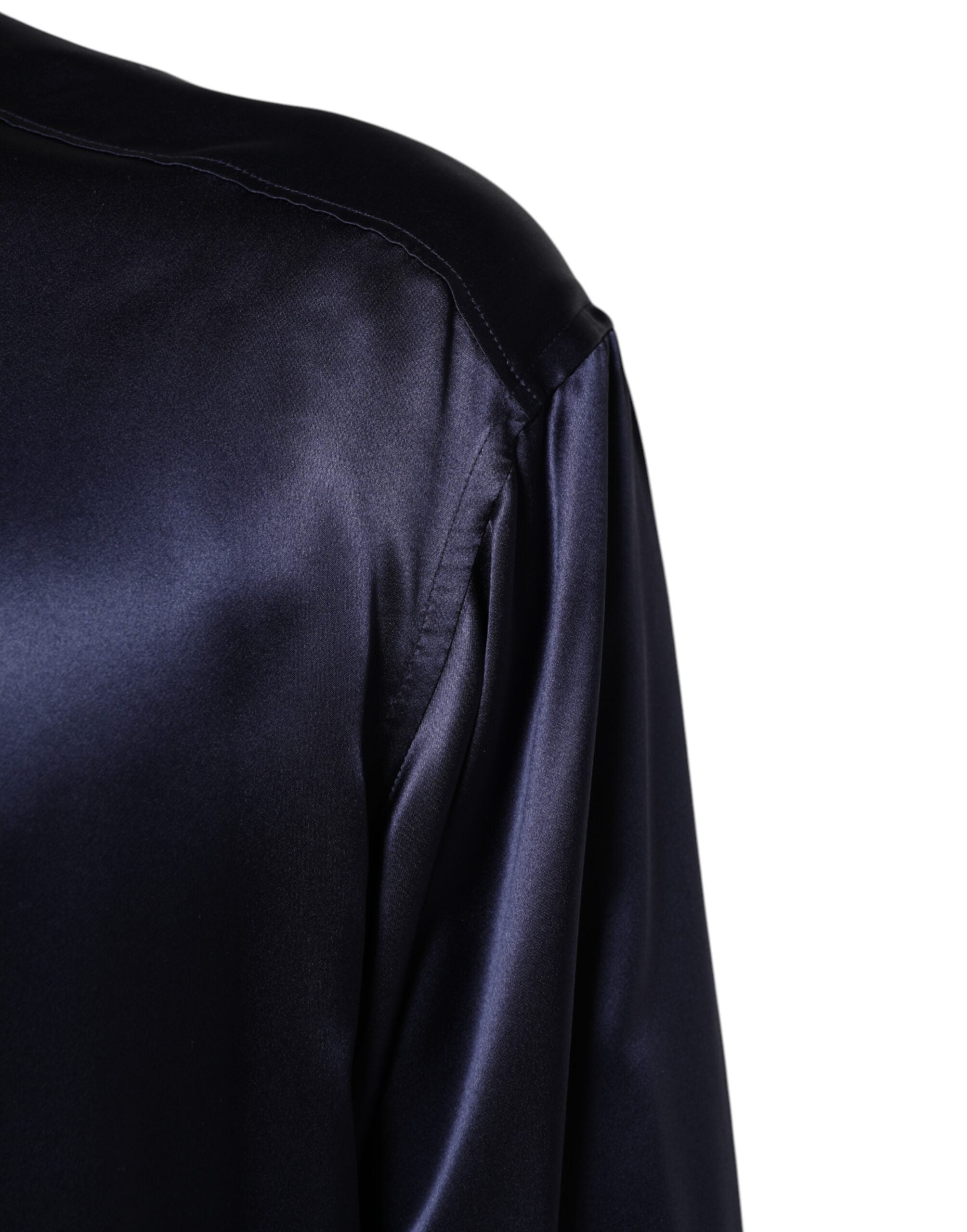 Navy Silk Long Sleeve Mandarin Collar Shirt