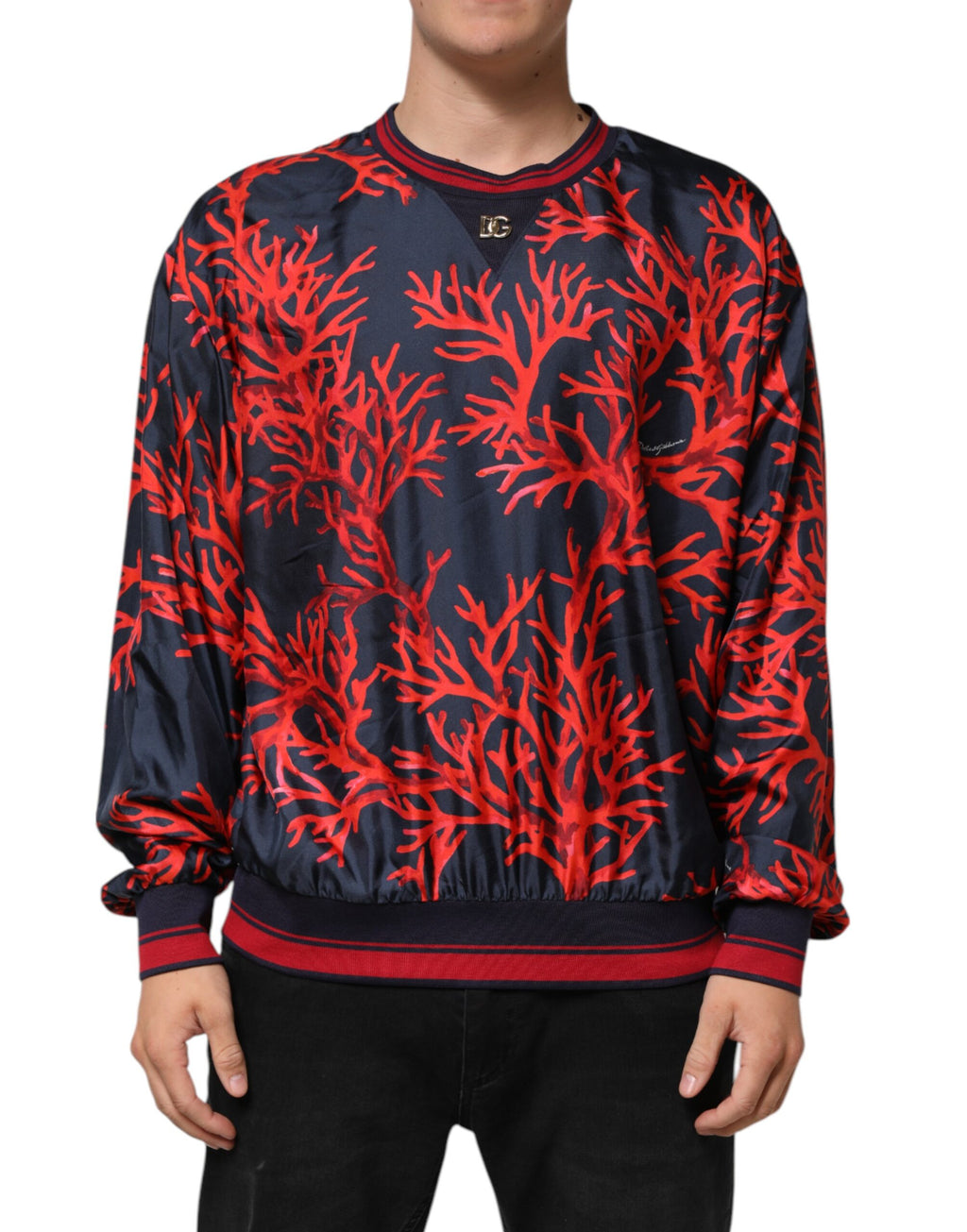 Silk Navy Red Coral Print Pullover Sweater