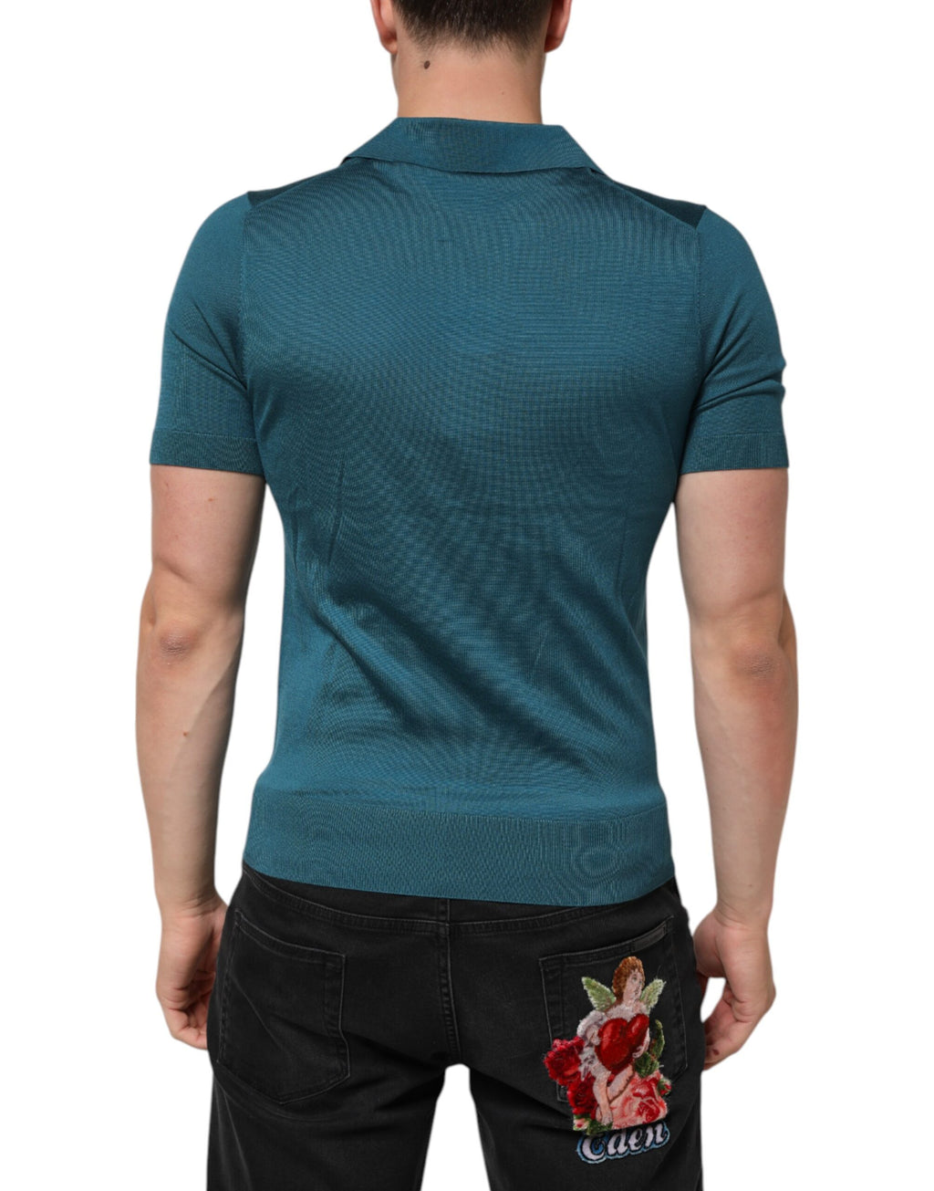Teal Blue Silk Collar Short Sleeve Polo T-shirt