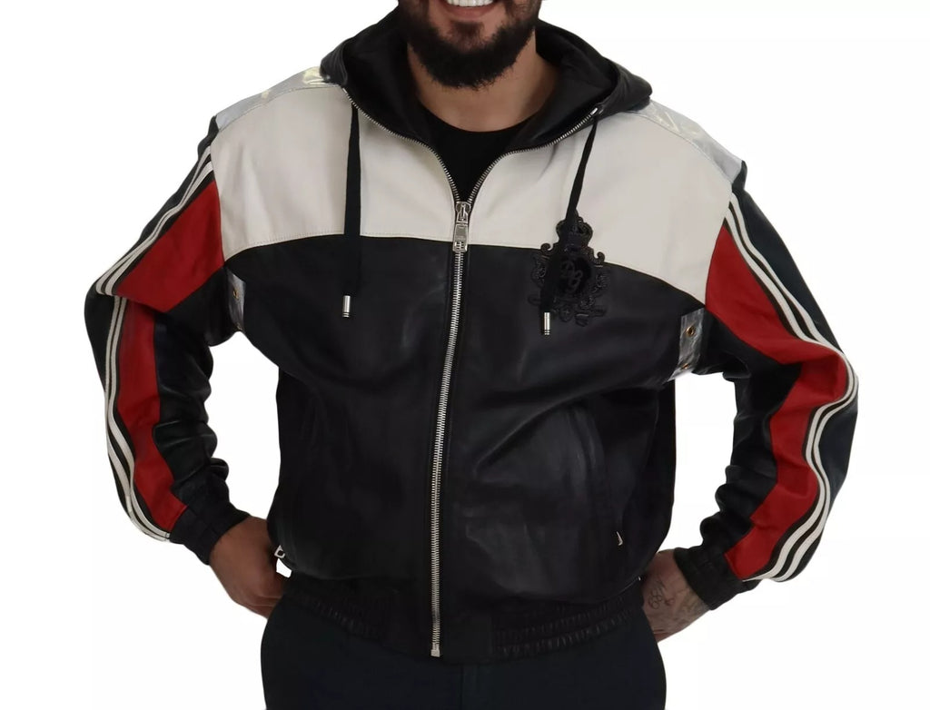 Black Leather Hooded Blouson Jacket