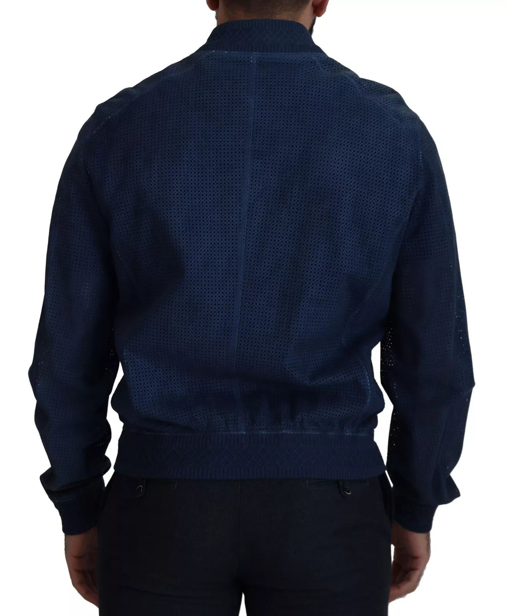 Blue Leather Perforated Full Zip Jacket