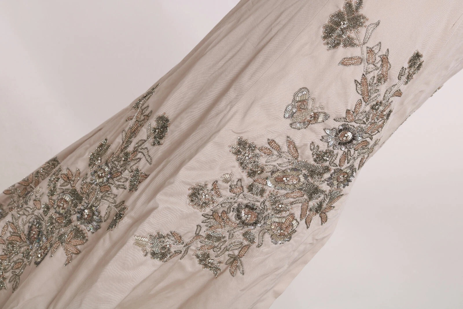 Beige Sequined Flower Flare Ball Gown Dress