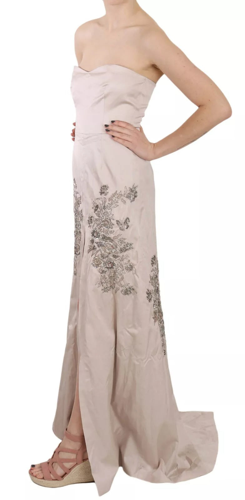 Beige Sequined Flower Flare Ball Gown Dress