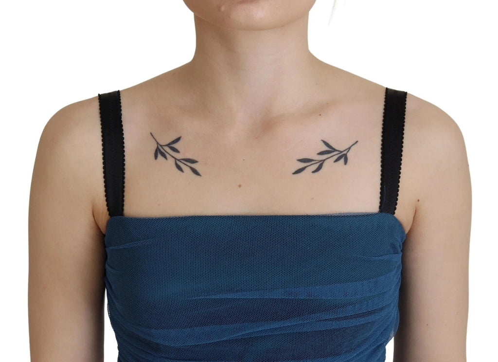 Blue Mesh Trim Ruched Tulle Sheath Dress