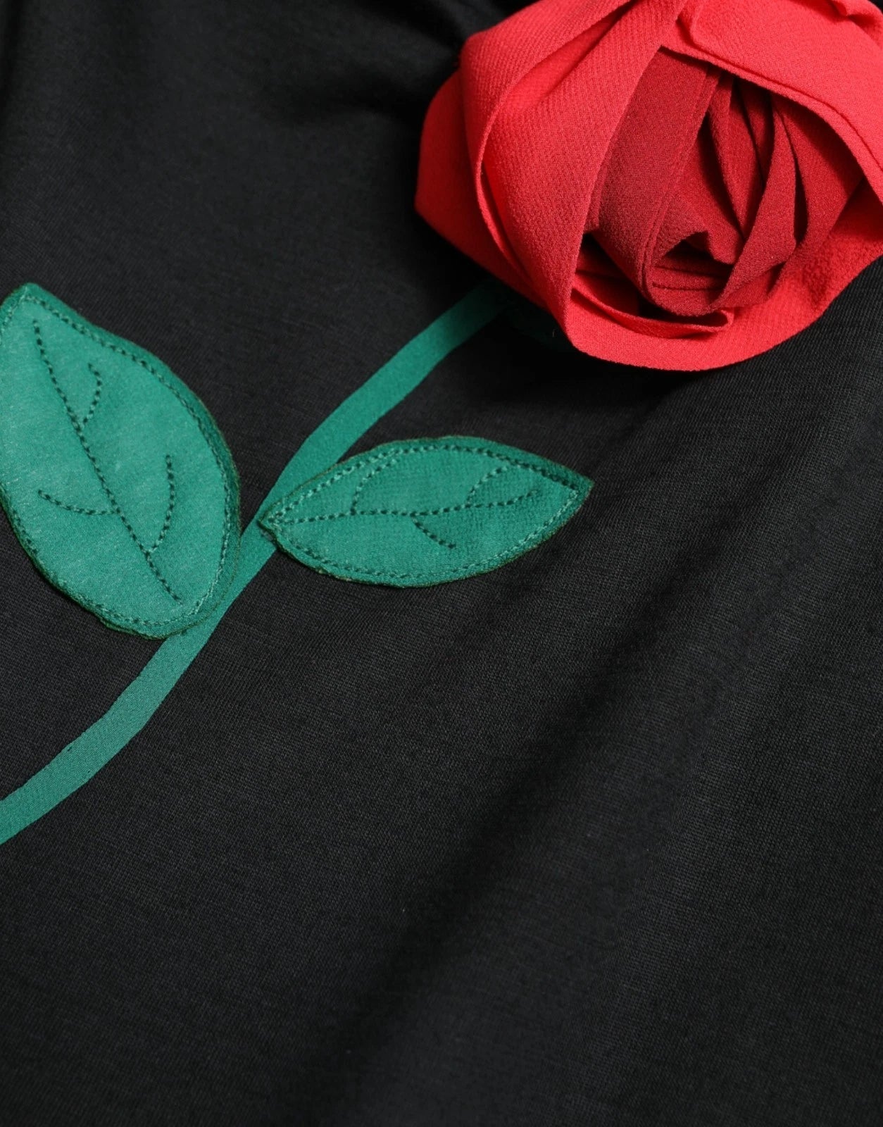 Black Wool Sleeveless Rose Applique Dress