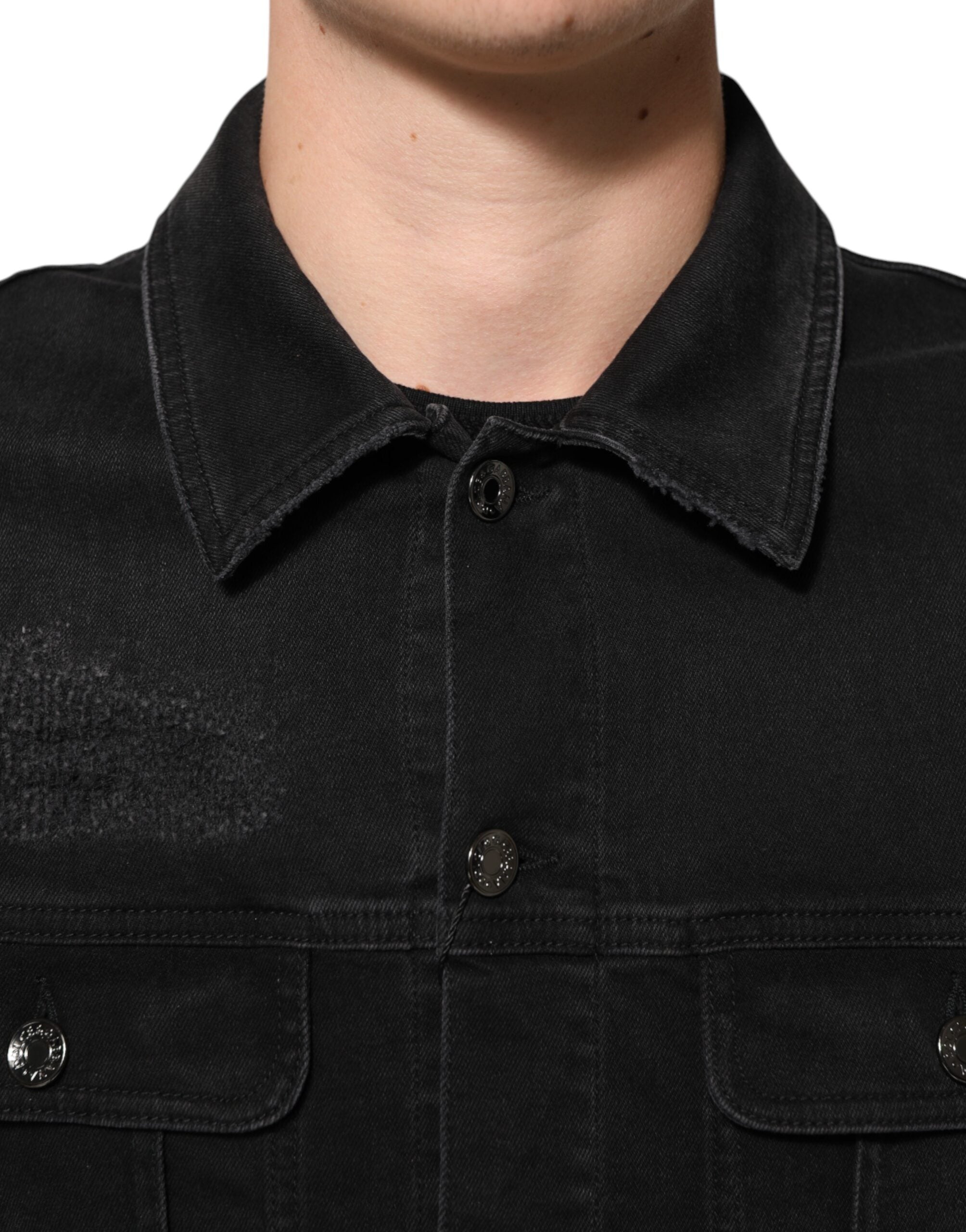 Black Cotton Denim Stretch Button Up Jacket