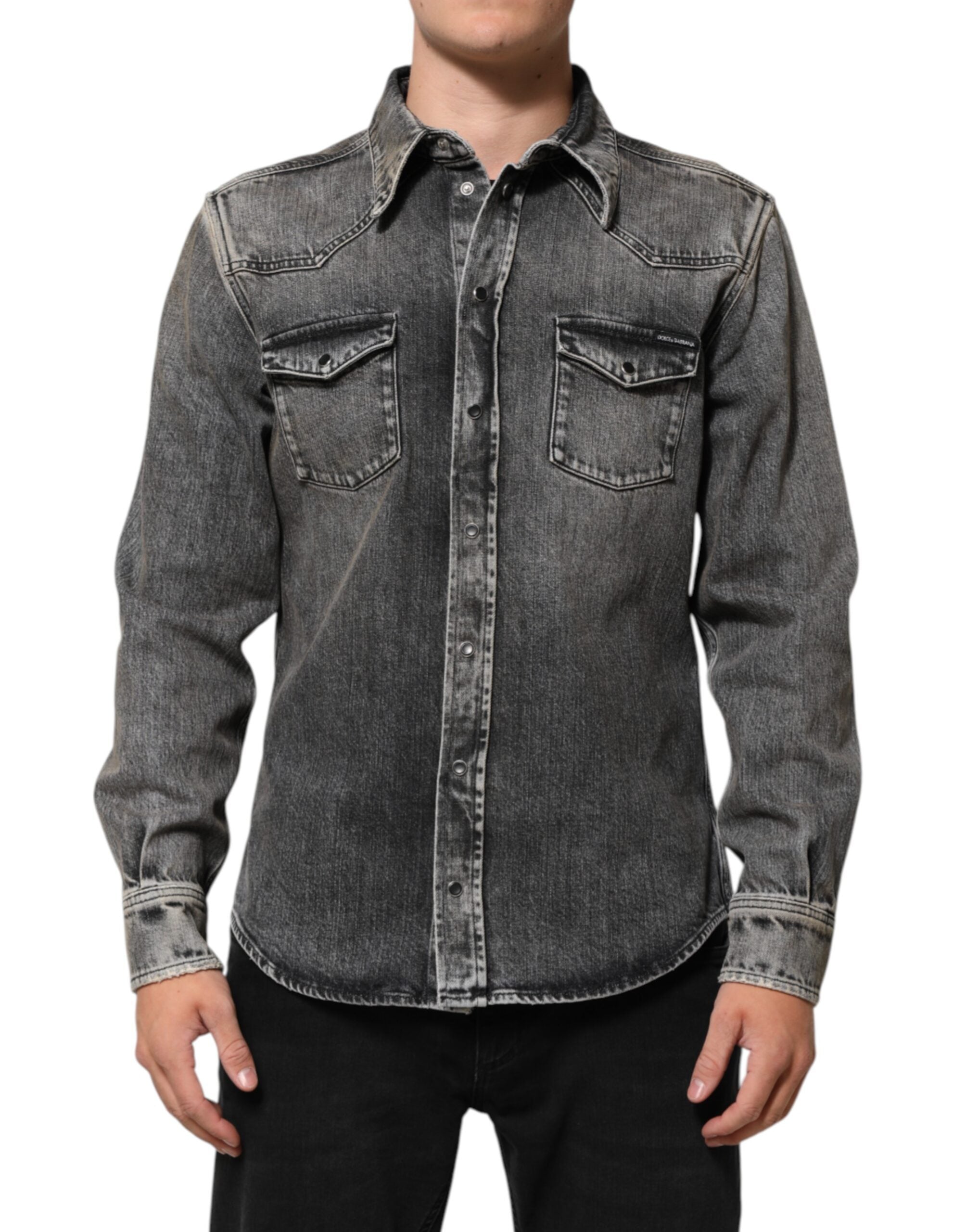 Black Washed Cotton Snap Long Sleeve Casual Shirt